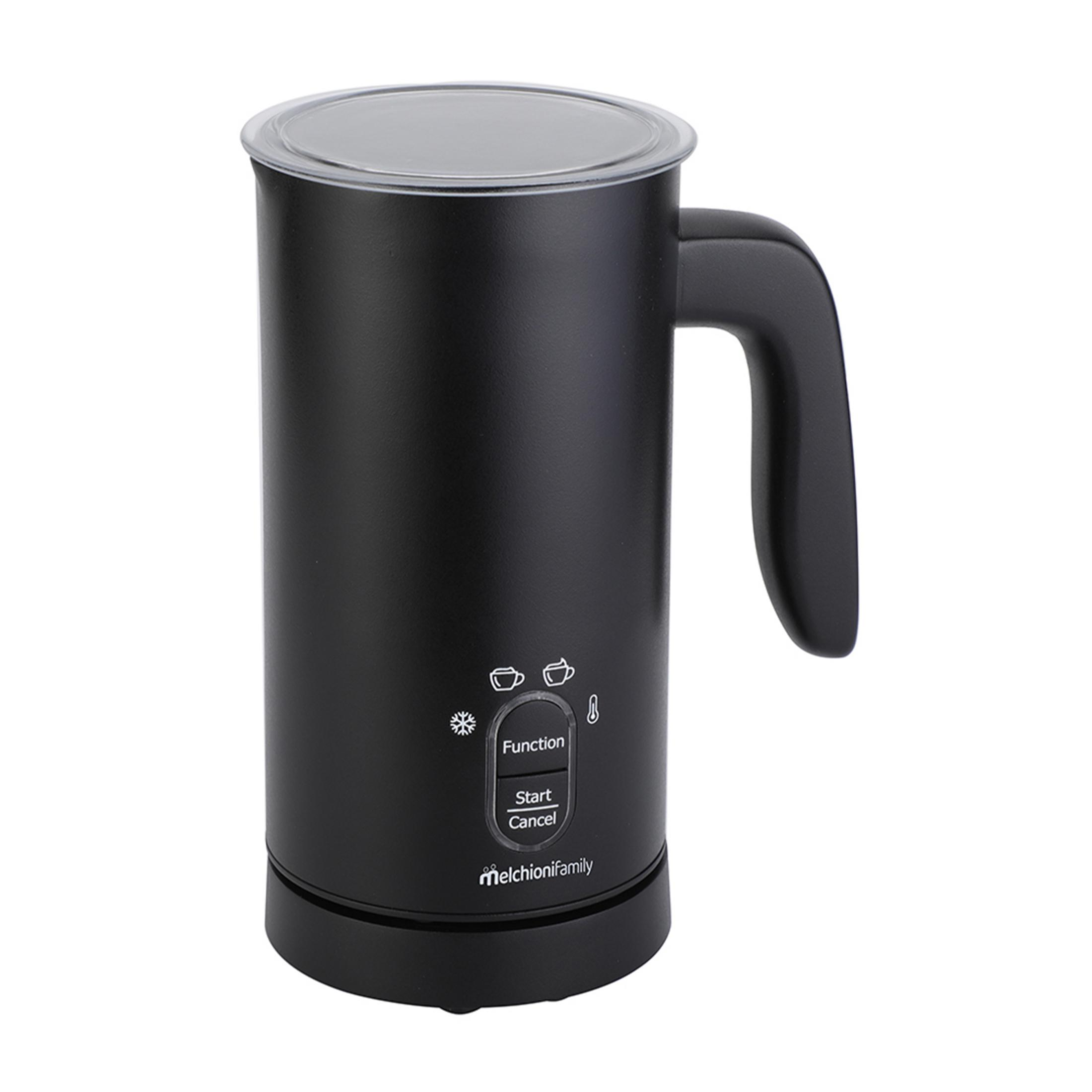 Un espumador de leche negro con asa y tapa transparente, con botones de control.