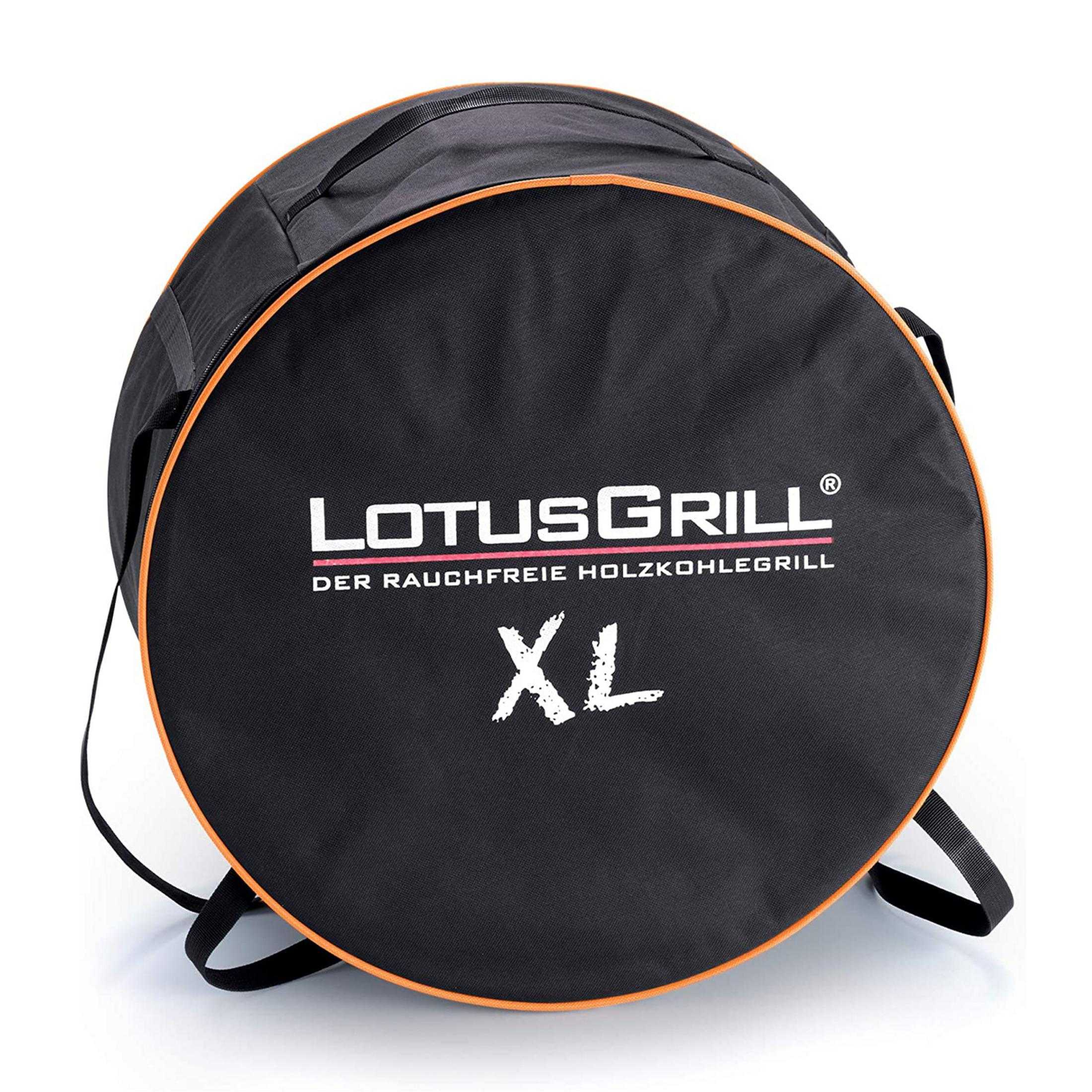 Czarna torba z pomarańczowym wykończeniem i napisem 'LOTUSGRILL XL'.