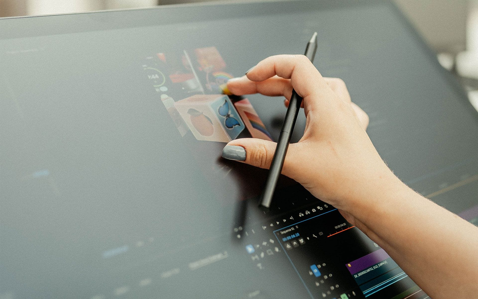 Eine Hand mit Stift berührt einen Bildschirm, der Videobearbeitungssoftware zeigt.