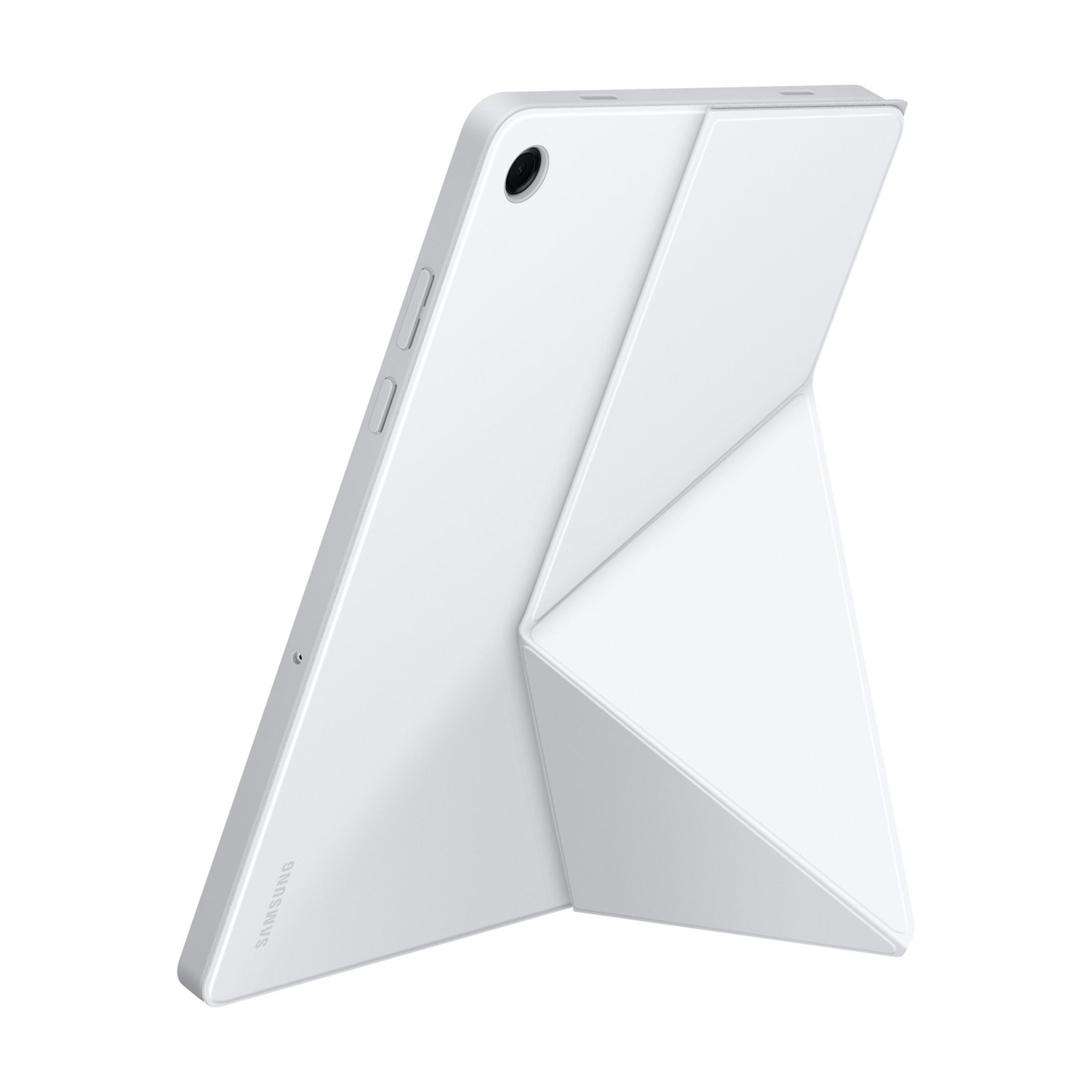 A white tablet with a foldable cover acting as a stand.