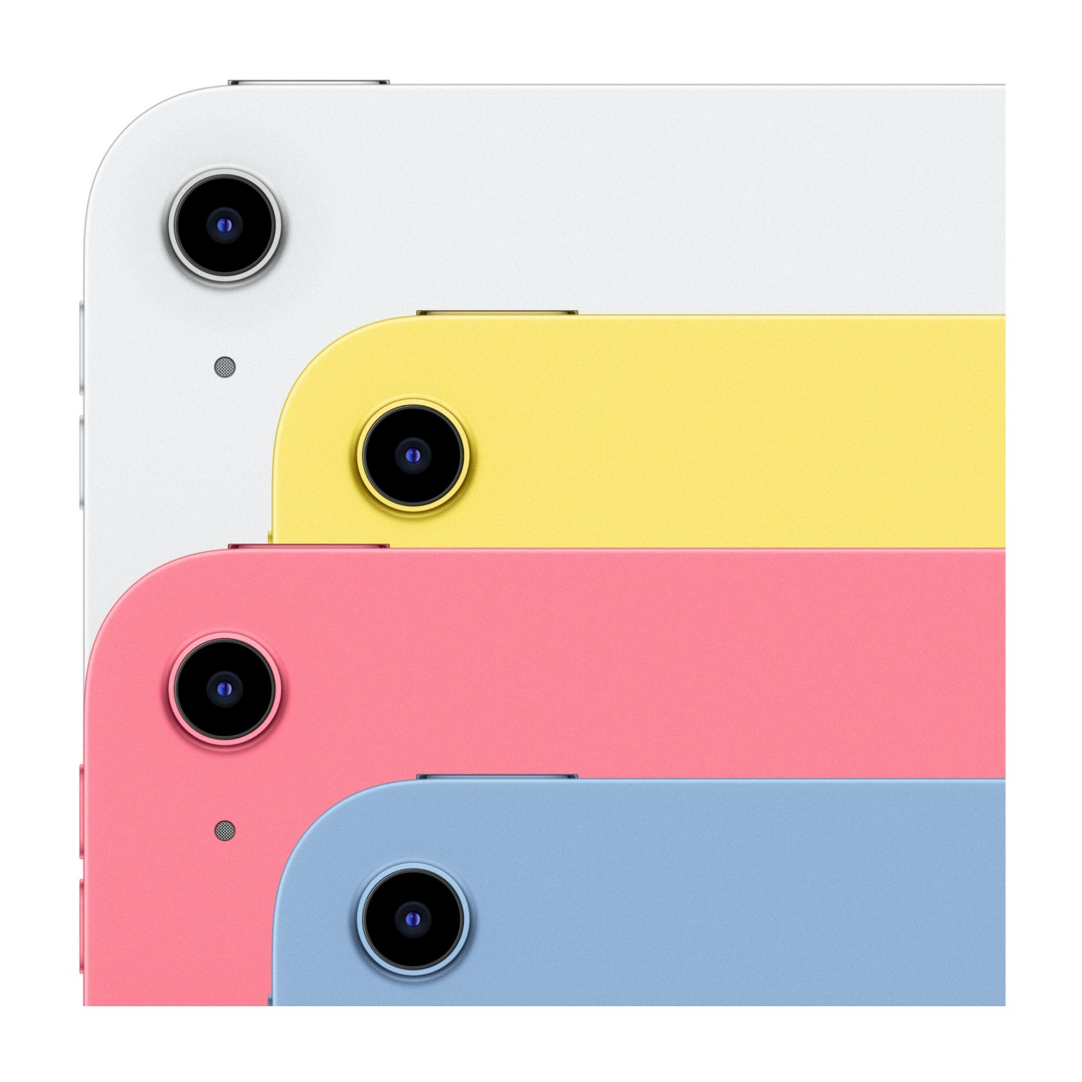 Cztery tablety w kolorach białym, żółtym, różowym i niebieskim ułożone jeden na drugim.