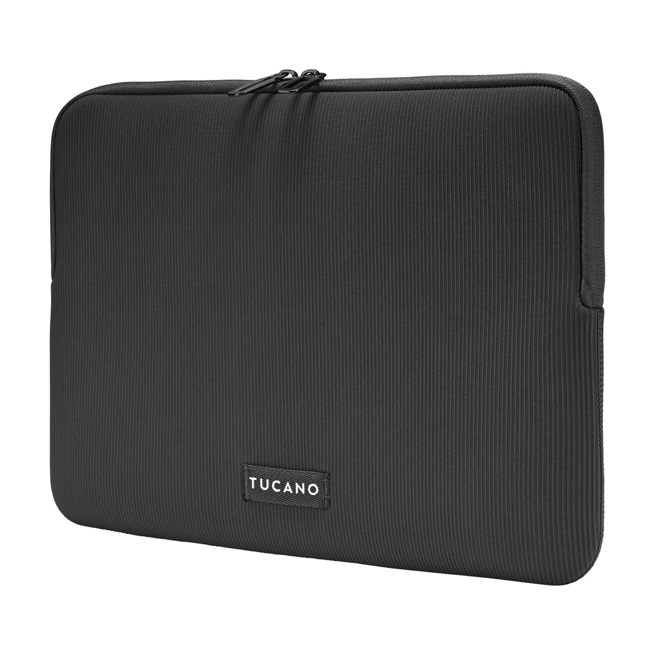 Black laptop sleeve with a ribbed texture and zipper closure.