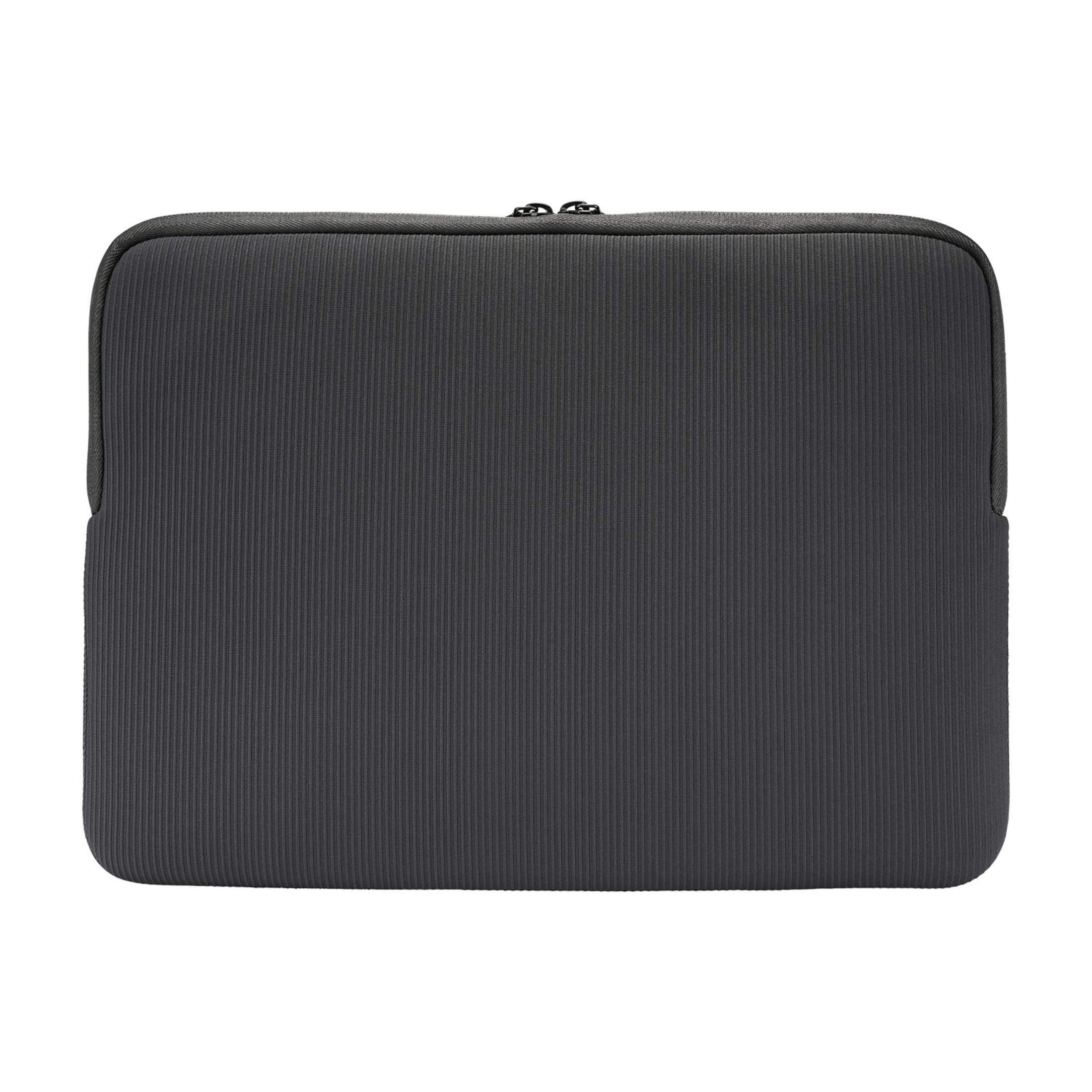 A dark gray, ribbed laptop sleeve with a zipper.