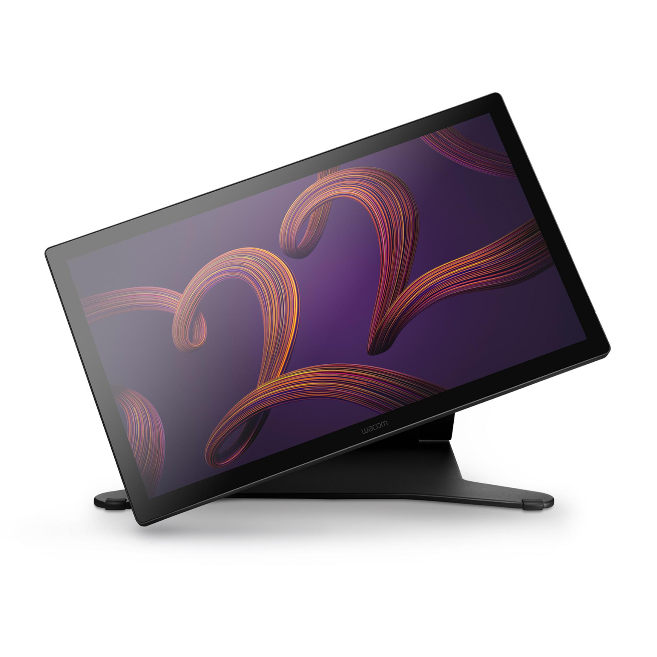 Czarny tablet piórkowy Wacom pochylony na stojaku, wyświetlający kolorowe linie.