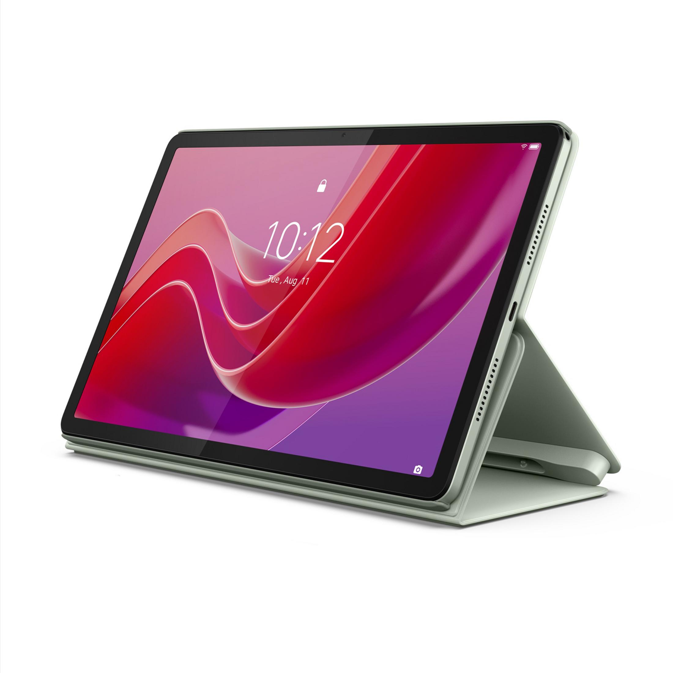 Ein hellgrünes Tablet mit einem bunten Sperrbildschirm steht auf einem Ständer.