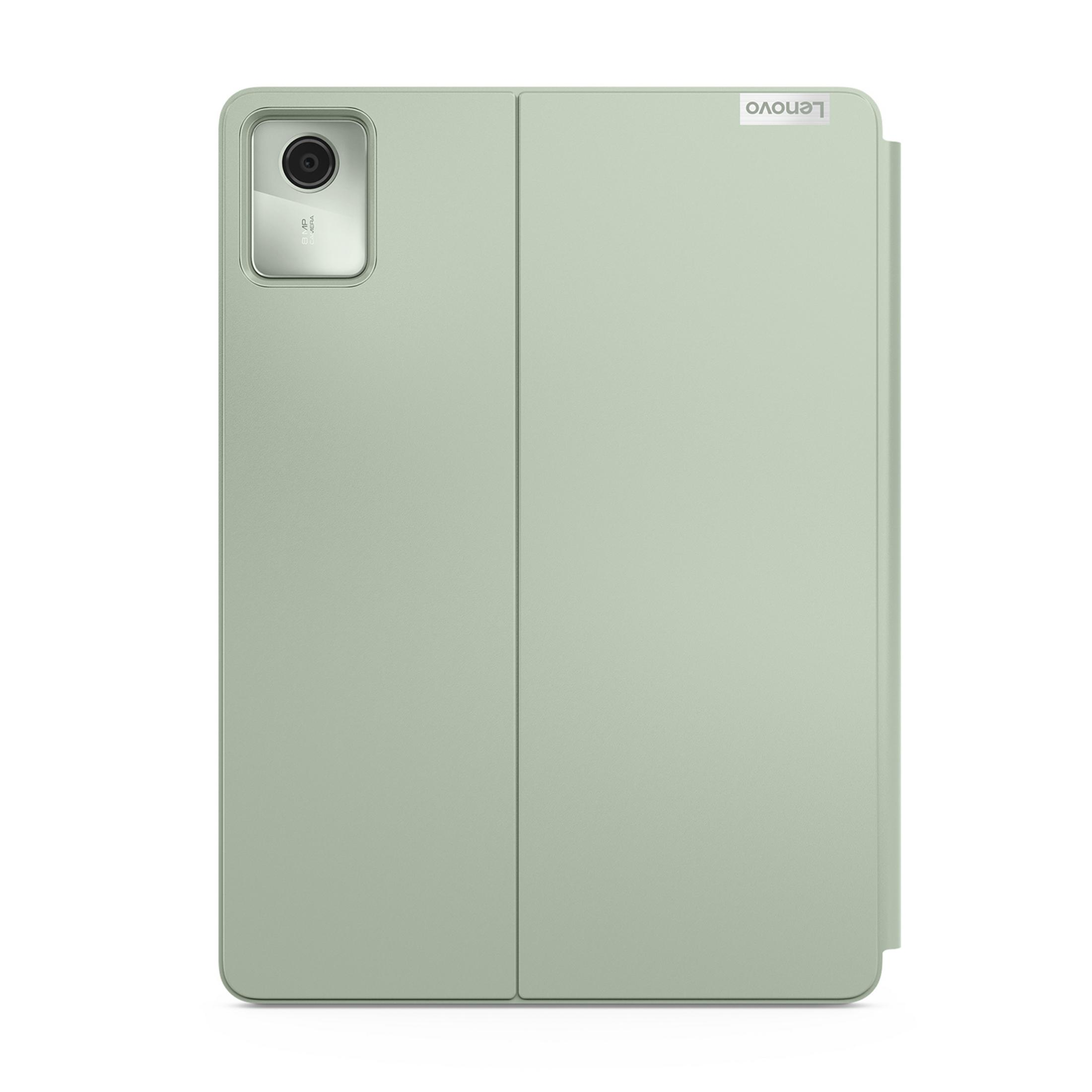 Grüne Tablet-Hülle mit Kameraausschnitt und Lenovo-Logo.