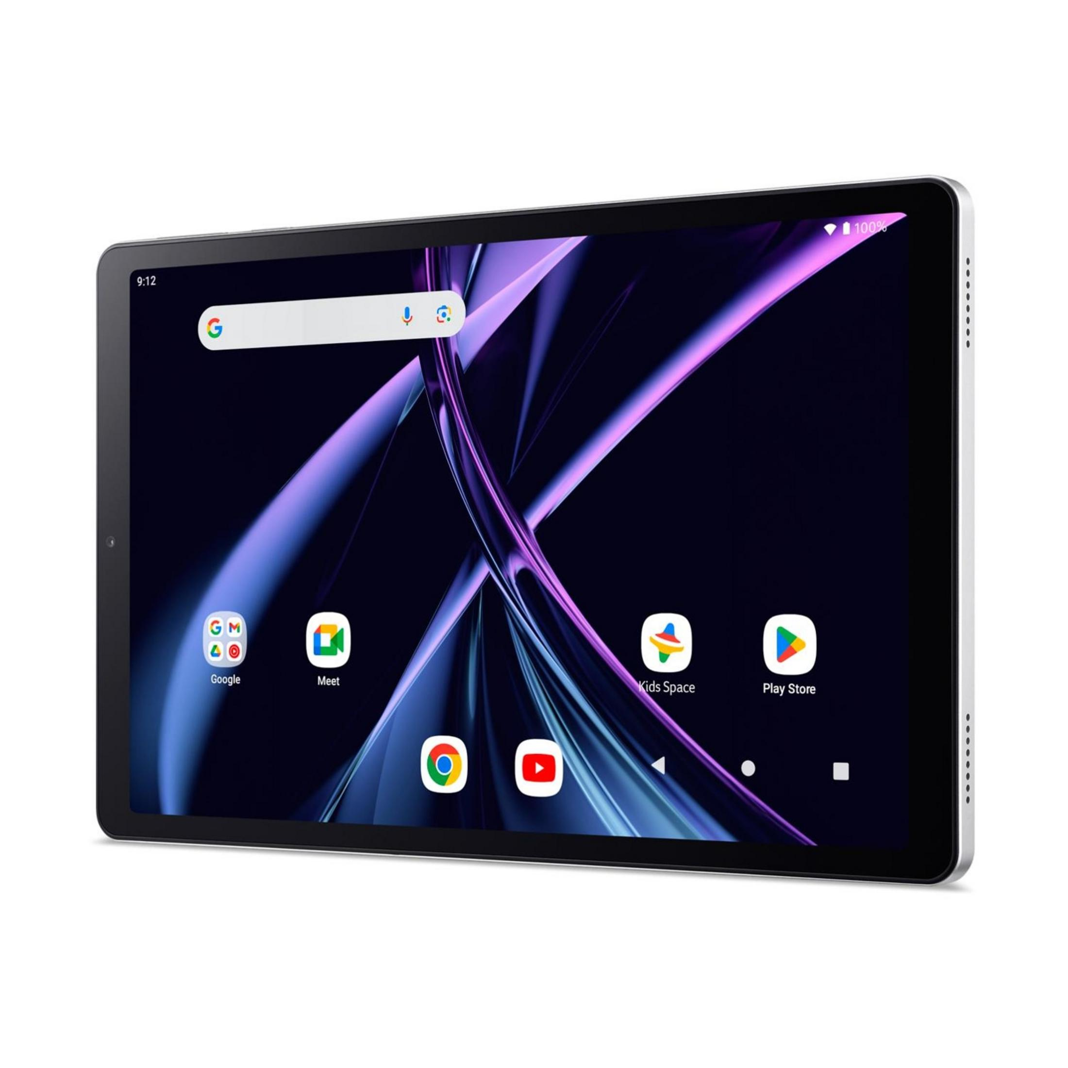 Srebrny tablet z ciemnym ekranem wyświetlającym abstrakcyjne fioletowe i niebieskie linie, ikony aplikacji i pasek wyszukiwania Google.