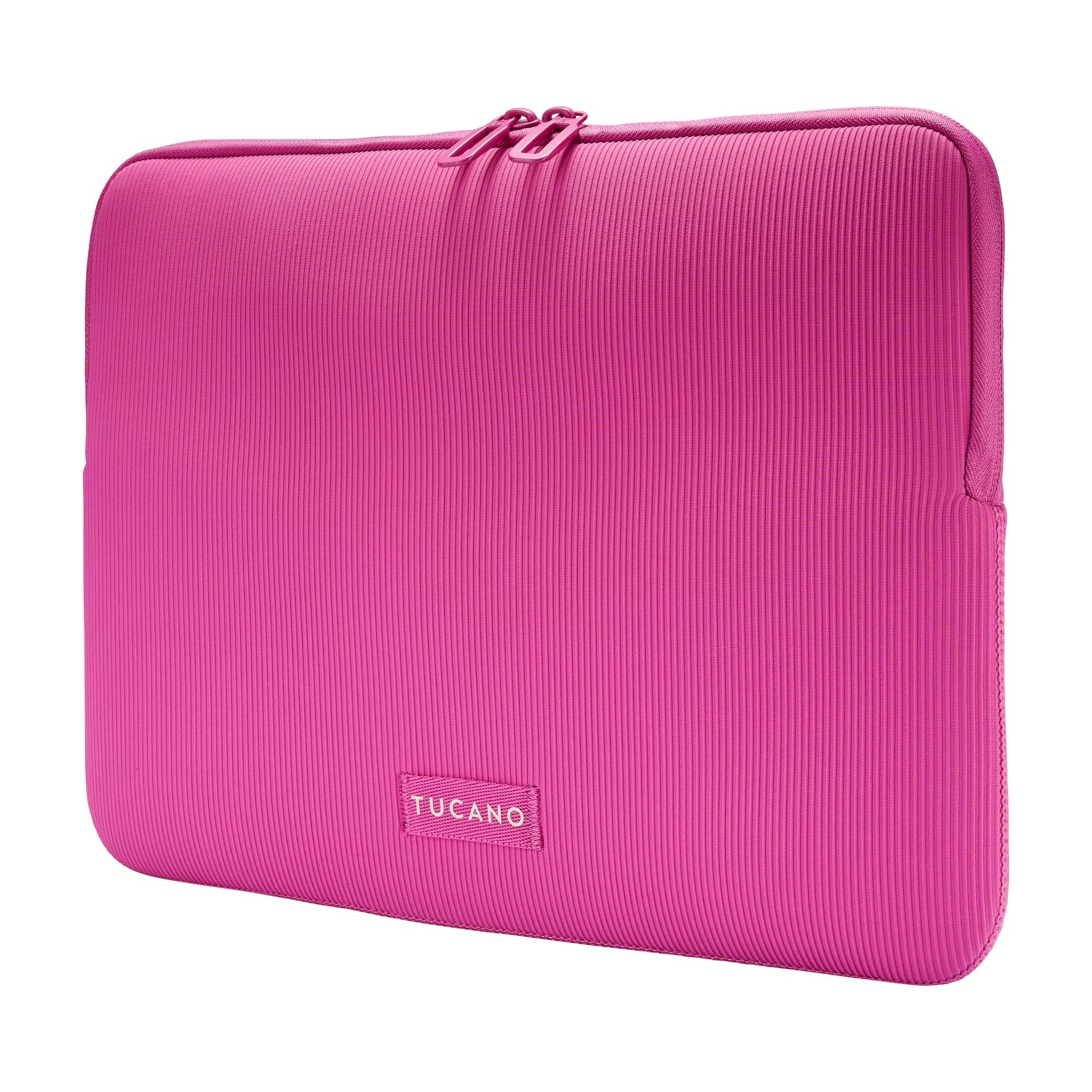 A bright pink laptop sleeve with a zipper and ribbed texture.