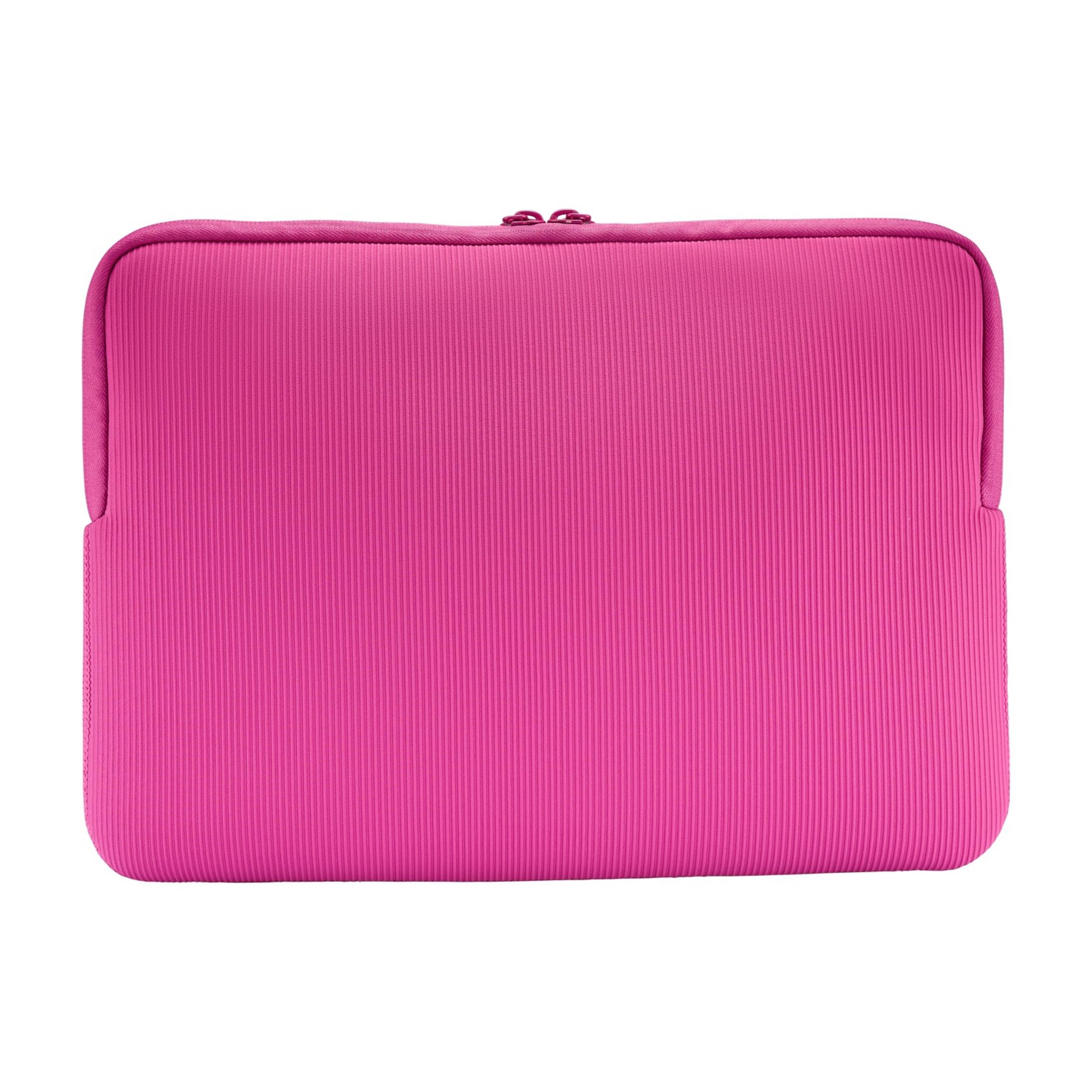 A bright pink laptop sleeve with a ribbed texture and zipper closure.