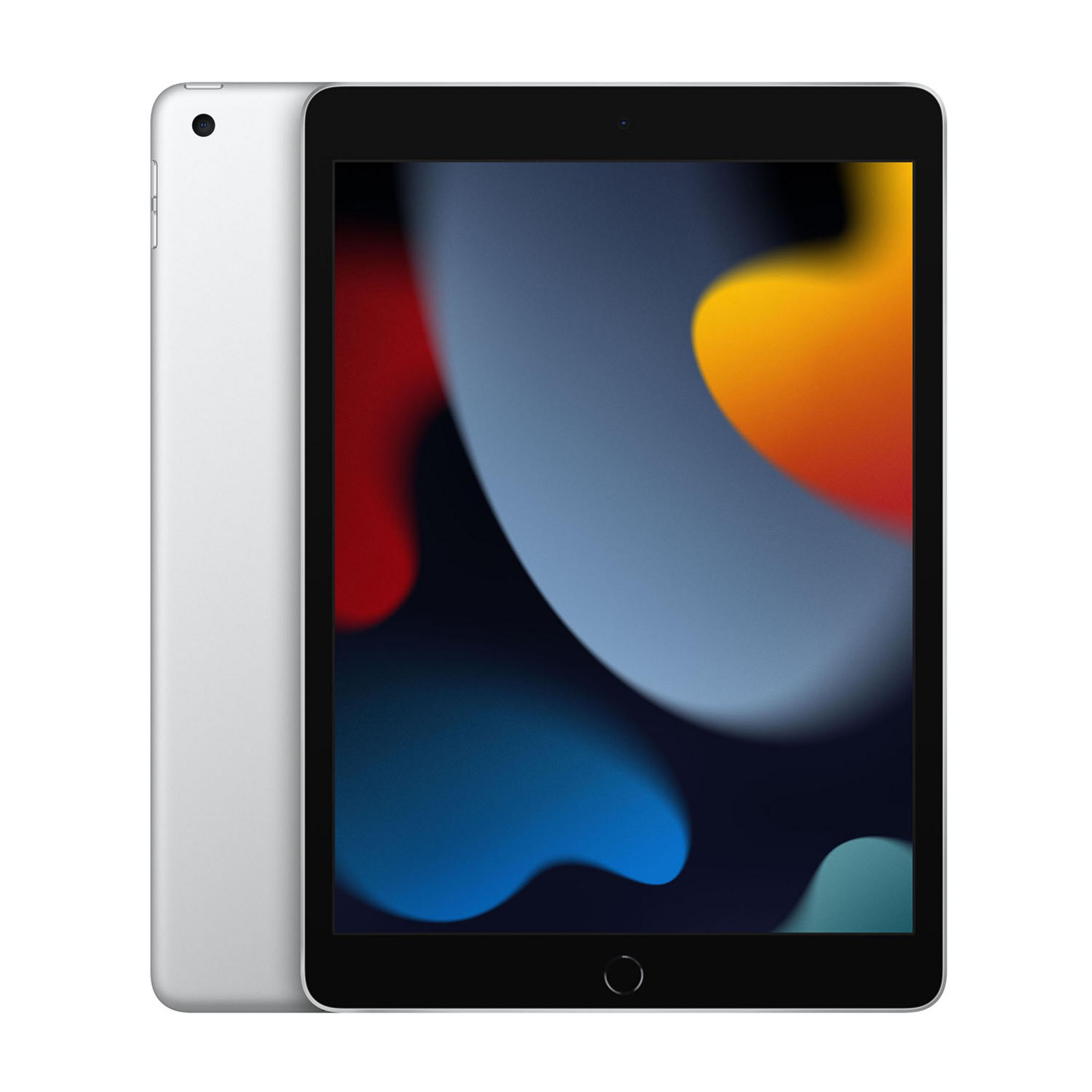 Un iPad argentato con schermo nero che mostra forme astratte colorate.