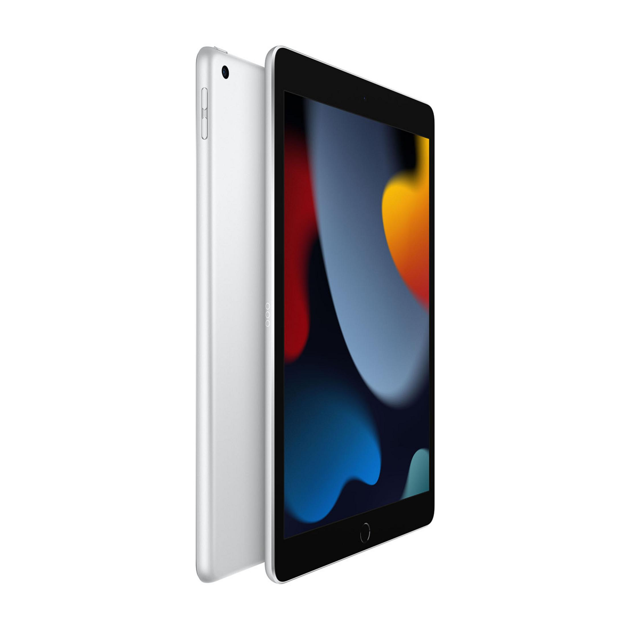 Un tablet argentato con uno sfondo colorato visualizzato sullo schermo.