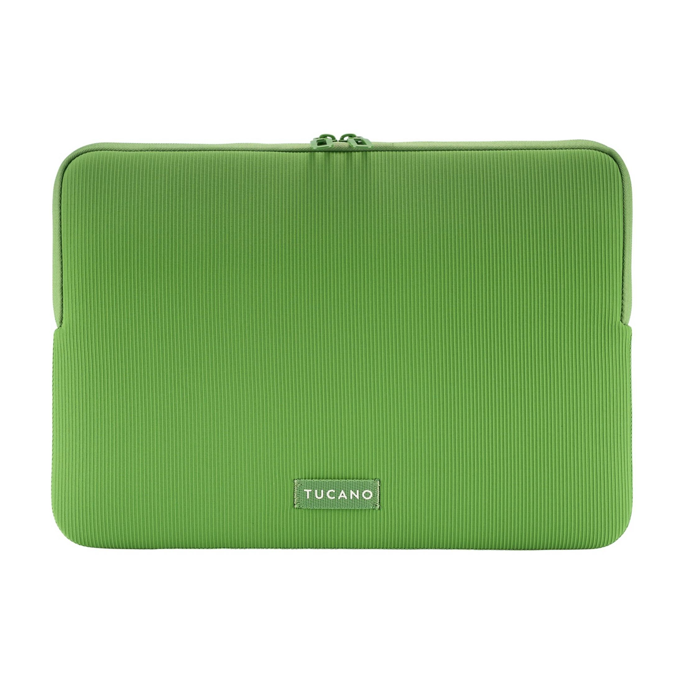 Grüne Laptop-Tasche mit Reißverschluss und Tucano-Logo.