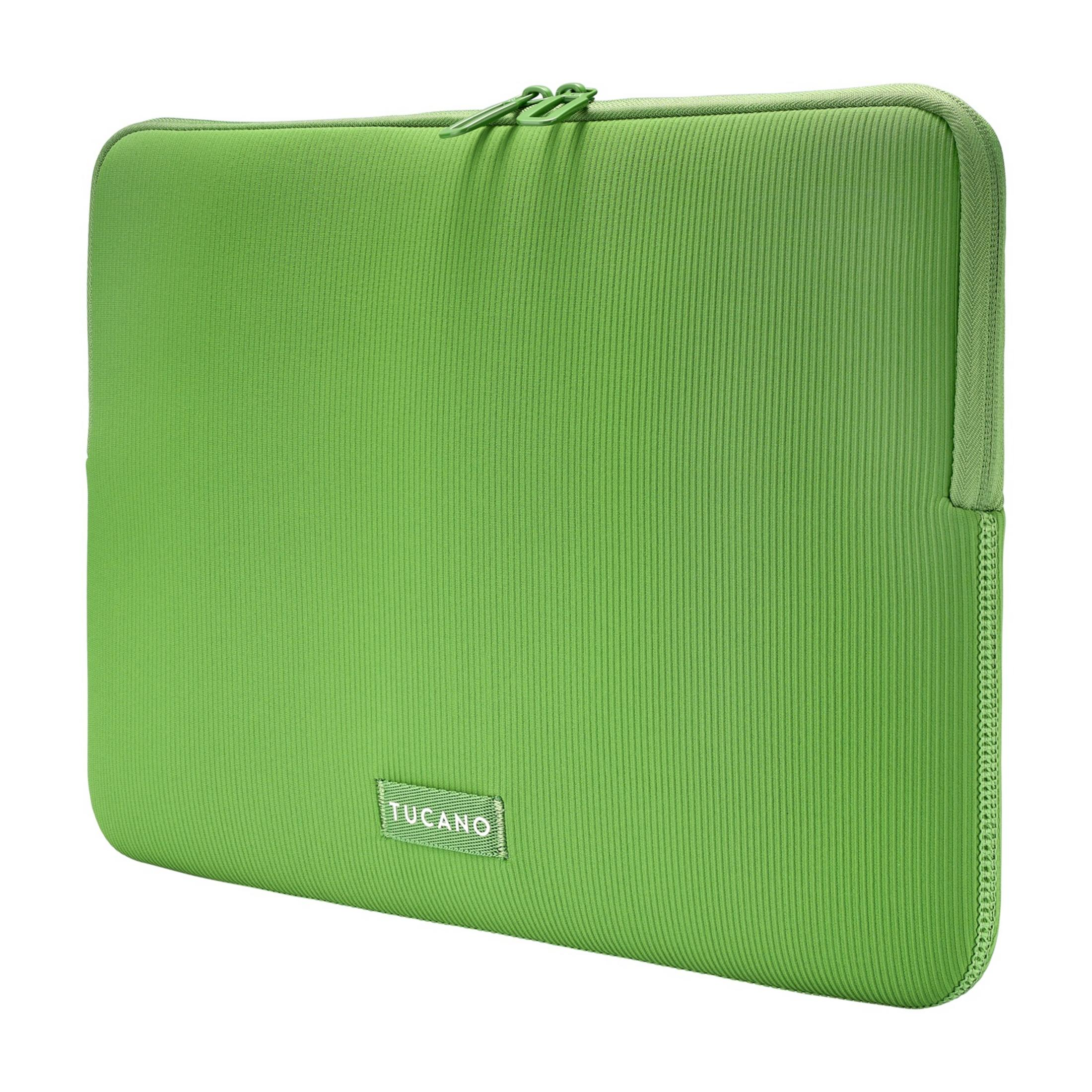 Grüne Laptoptasche mit Reißverschluss und Tucano-Logo.