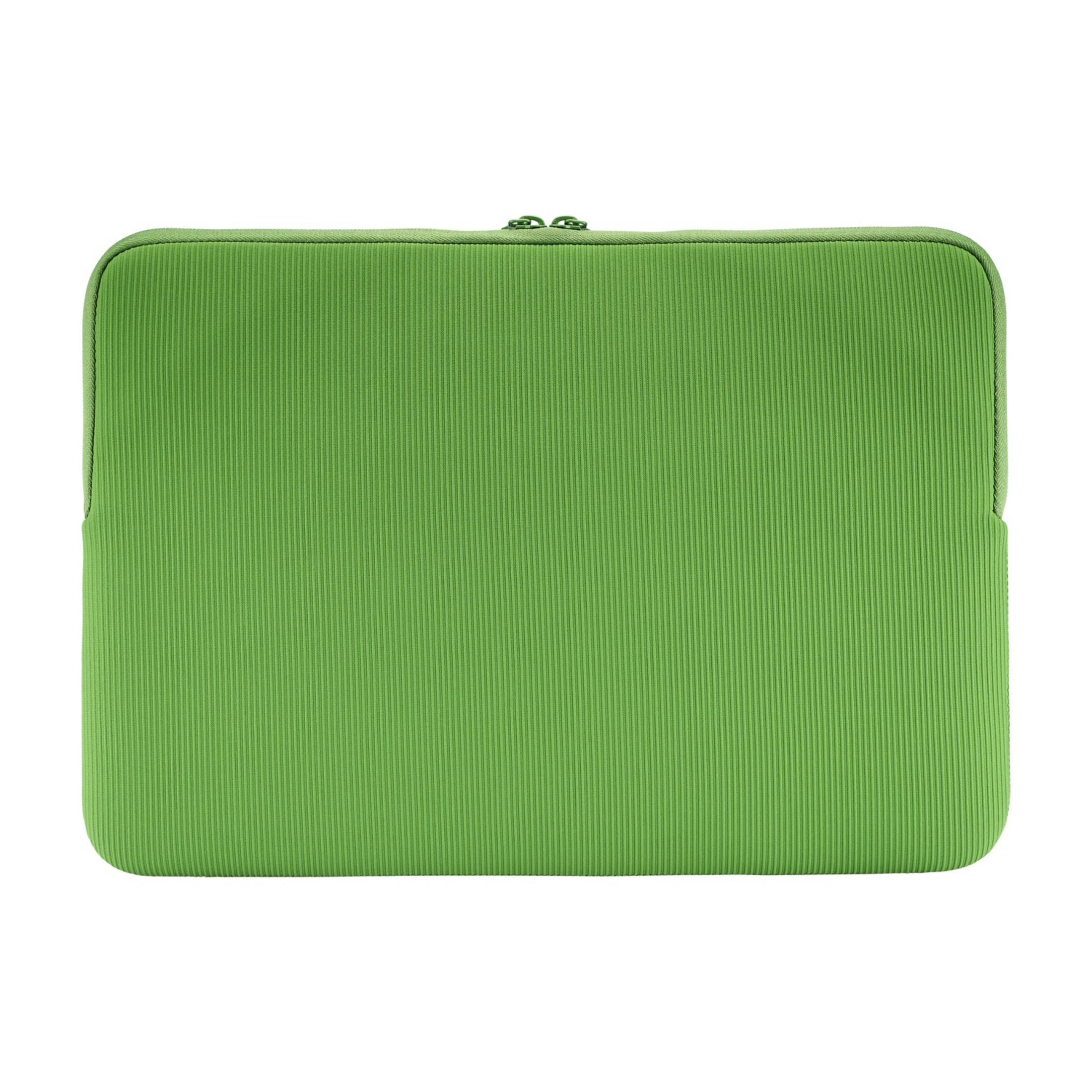 Grüne Laptop-Tasche mit gerippter Textur und Reißverschluss.