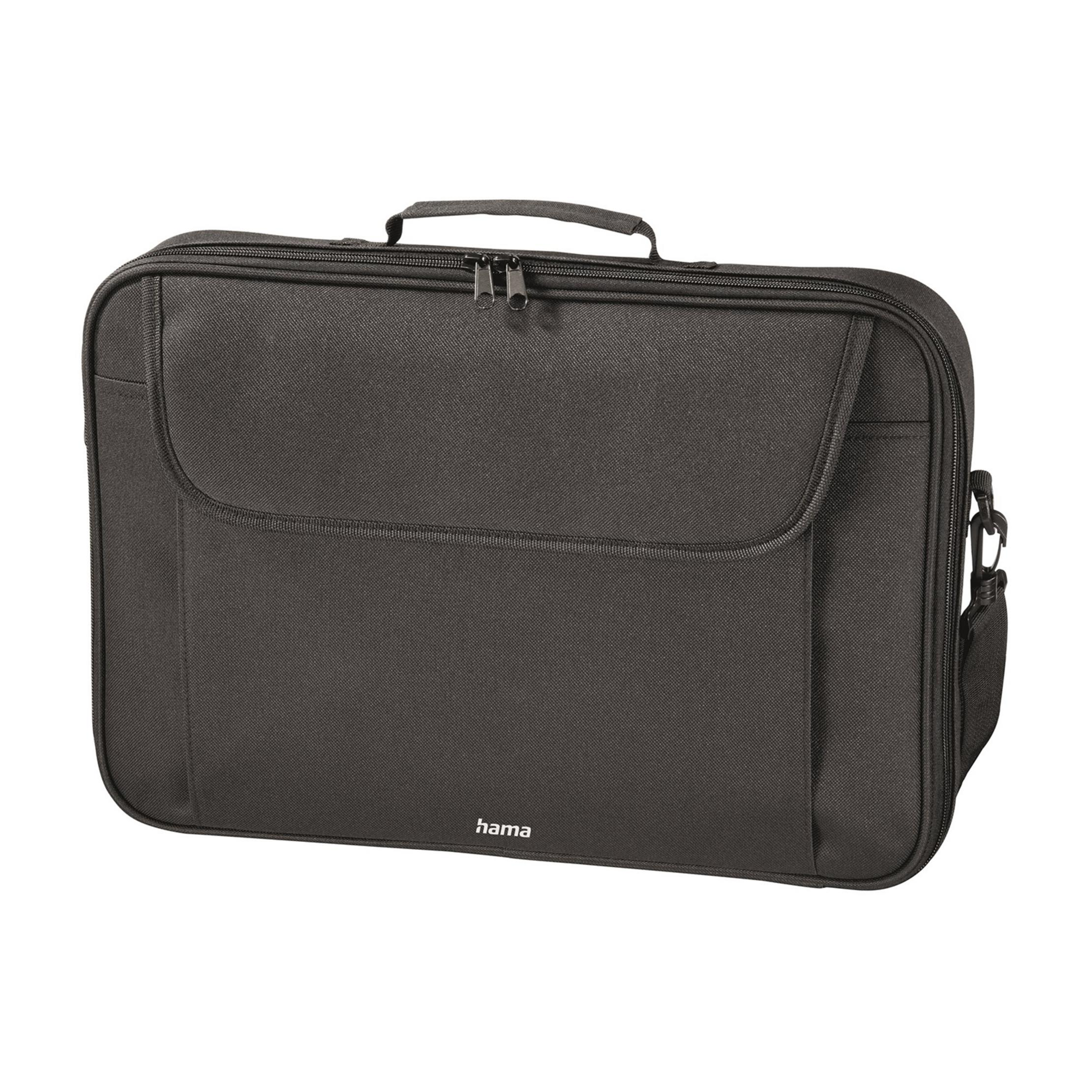 Borsa nera per laptop con manico e cerniere.