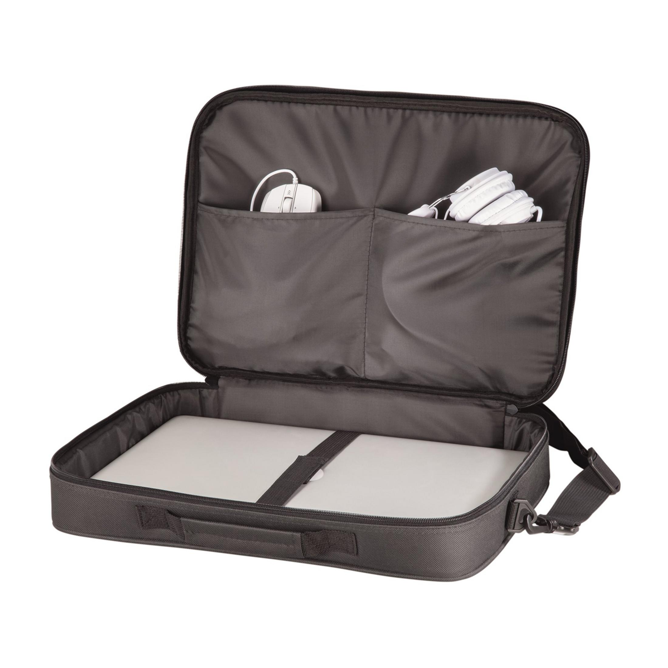 Borsa per laptop aperta con laptop, mouse e cuffie all'interno.