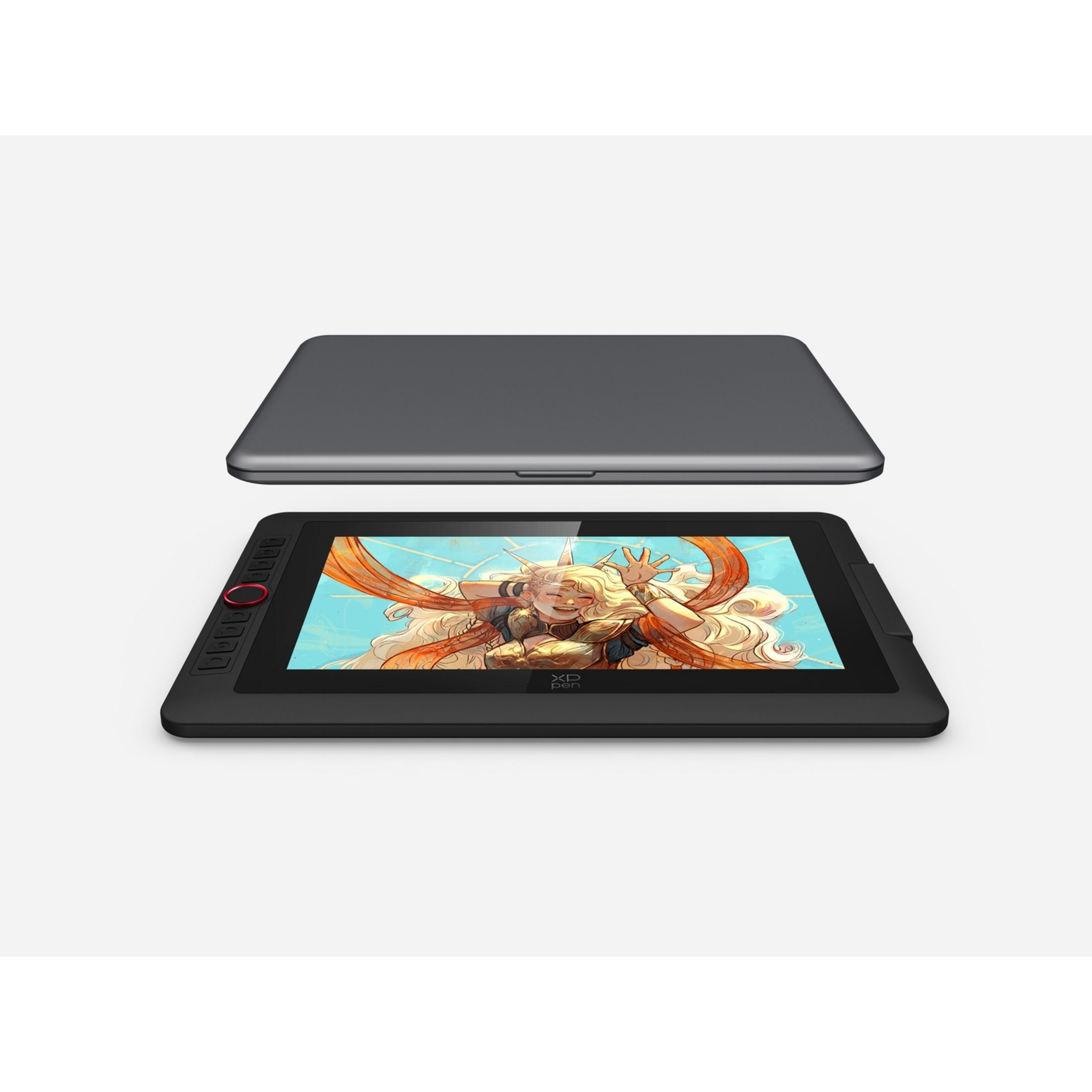 Czarny tablet graficzny wyświetla kolorowy obraz anime na ekranie.