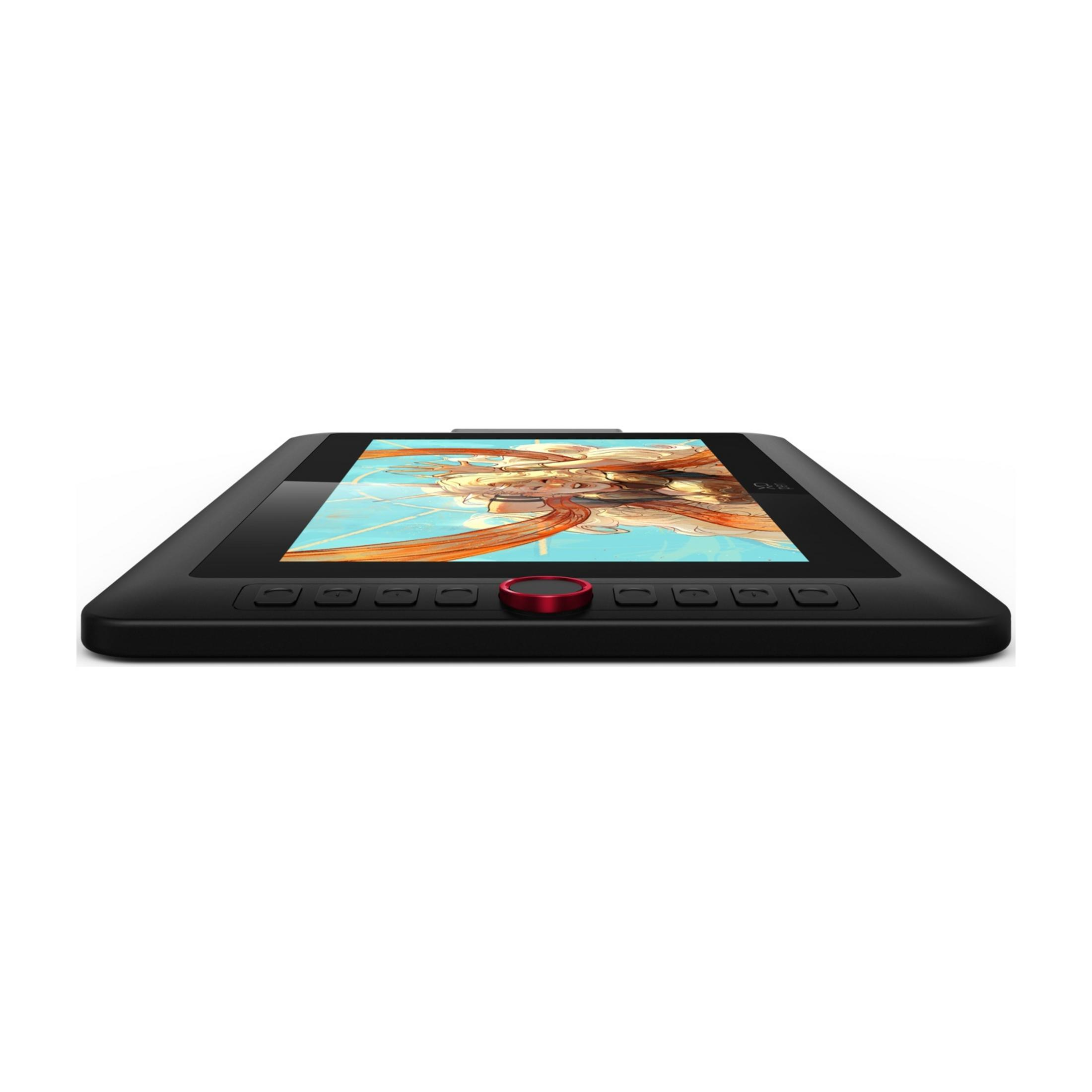 Czarny tablet graficzny z czerwonym pokrętłem i przyciskami. Wyświetla obraz anime.