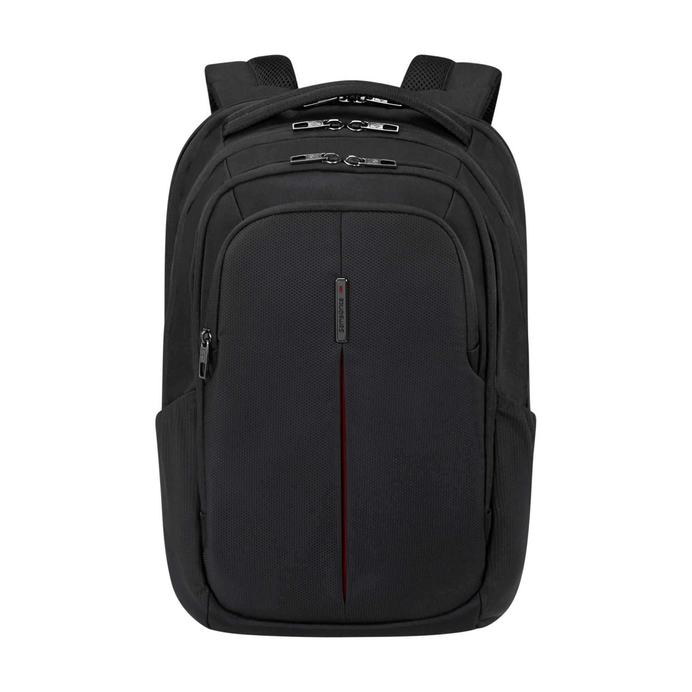 Ein schwarzer Rucksack mit roten Akzenten und silbernen Reißverschlüssen.