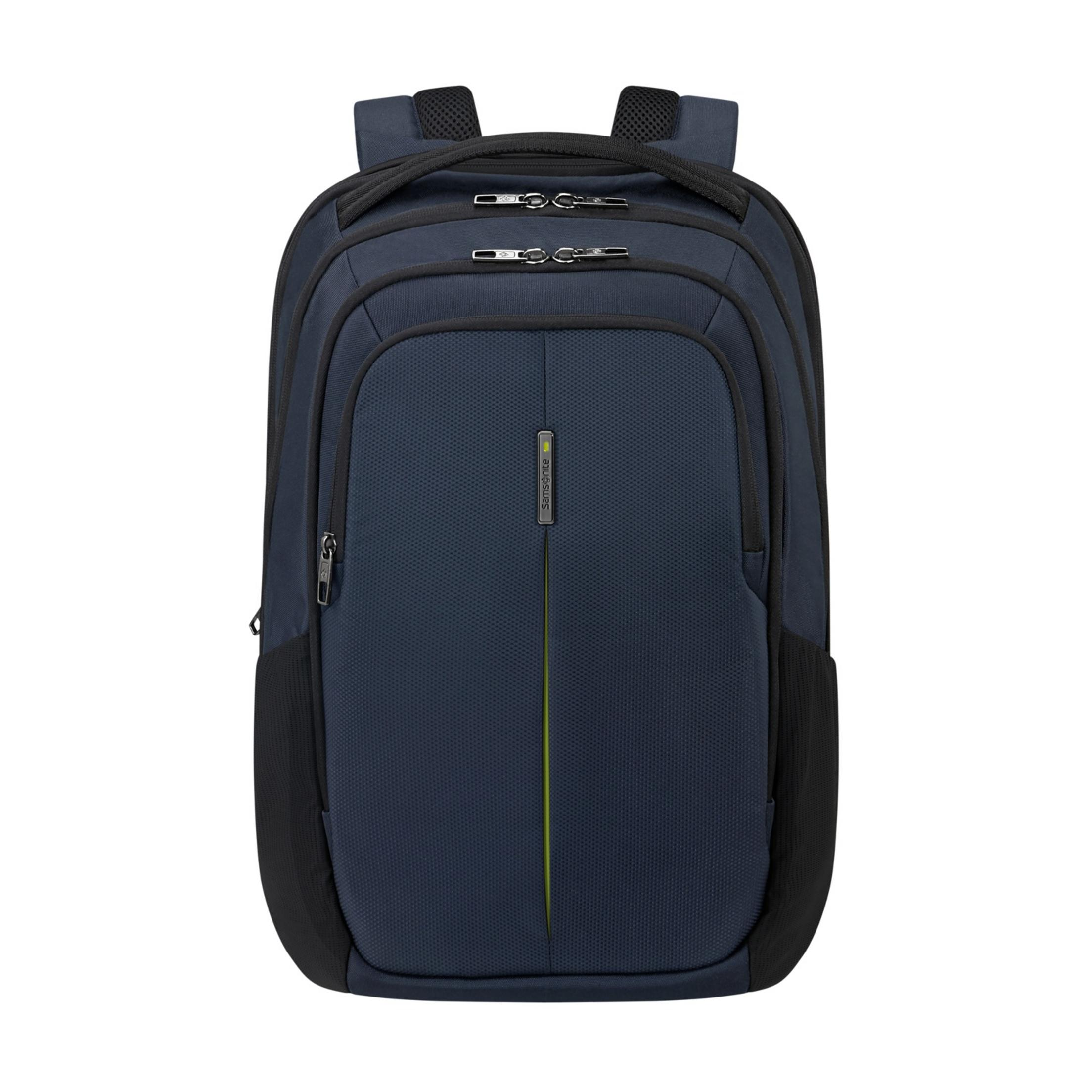 Ein dunkelblauer Rucksack mit schwarzen Trägern und einem vertikalen limegrünen Streifen.