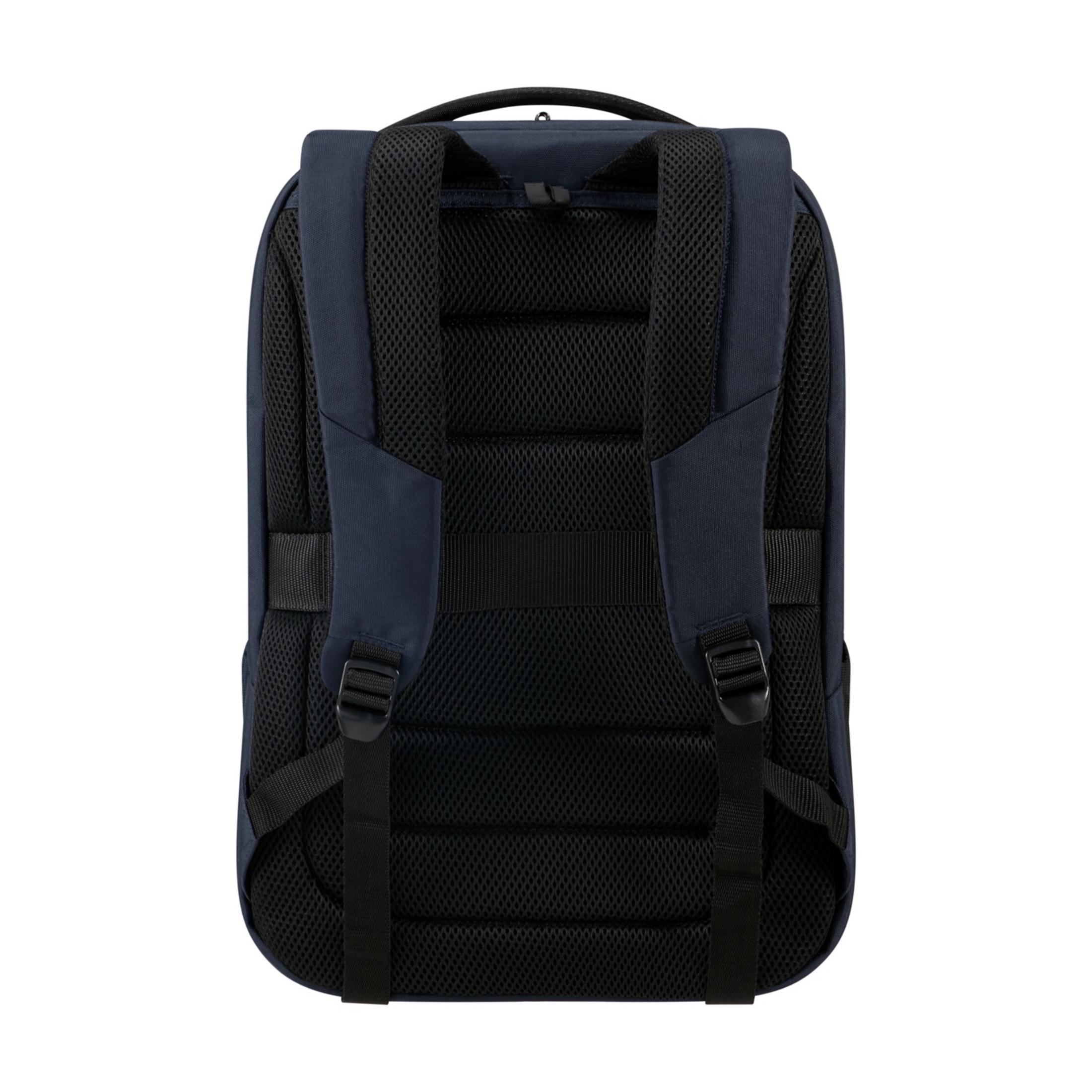Dunkelblauer Rucksack mit gepolsterten Schultergurten und Netzrücken.