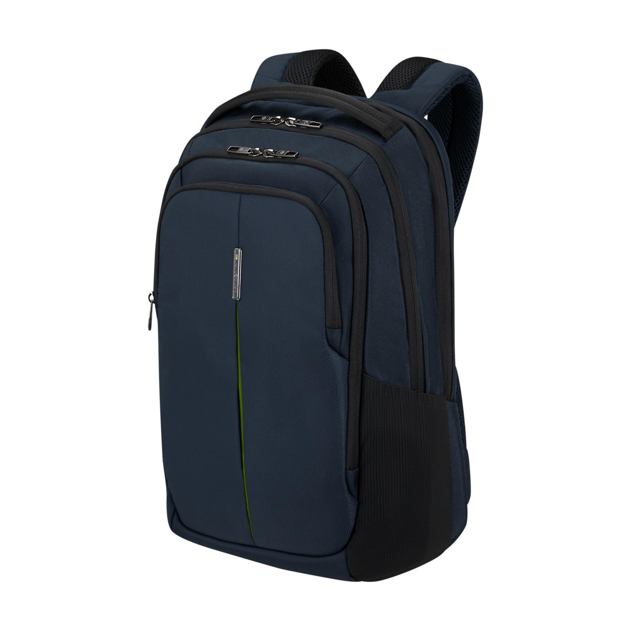 Ein dunkelblauer Rucksack mit schwarzen Trägern und einem grünen Streifen.