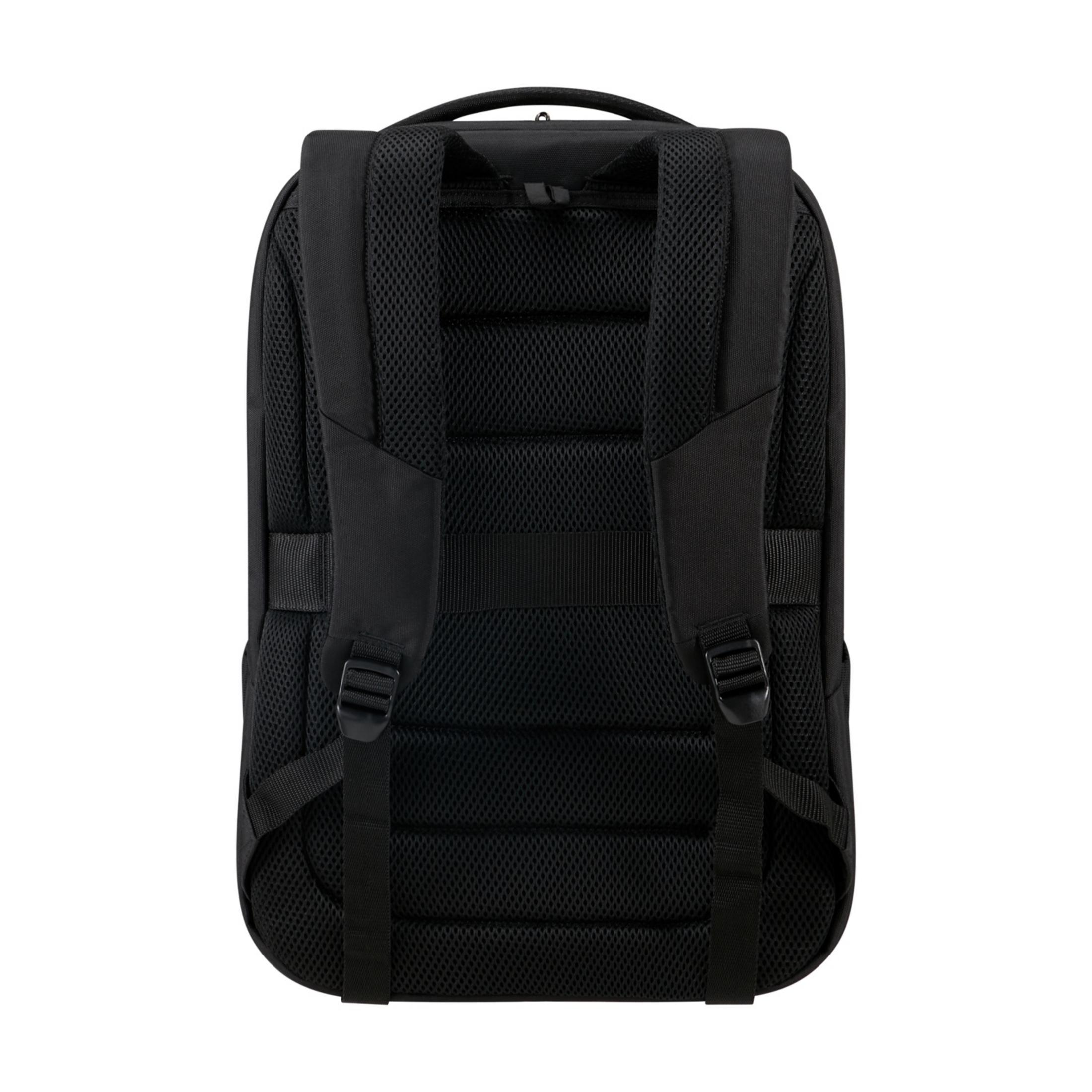 Vue arrière d'un sac à dos noir avec bretelles rembourrées et tissu en maille.