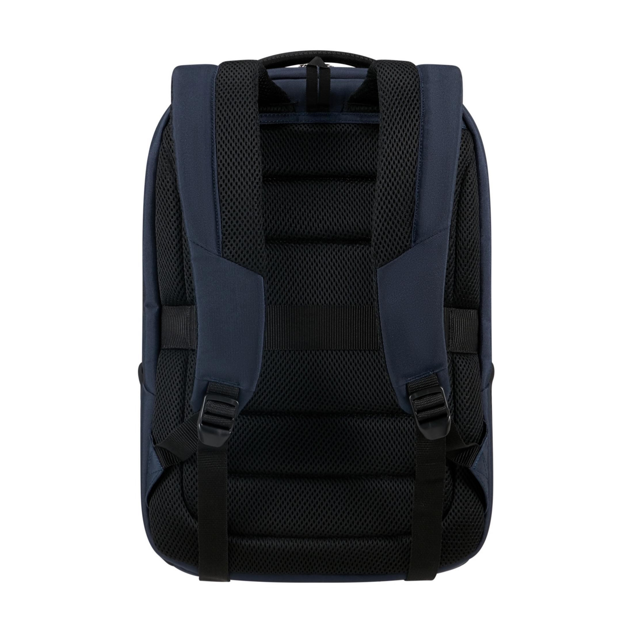 Dunkelblau Rucksack Rückseite mit gepolsterten Gurten und Netzrücken.