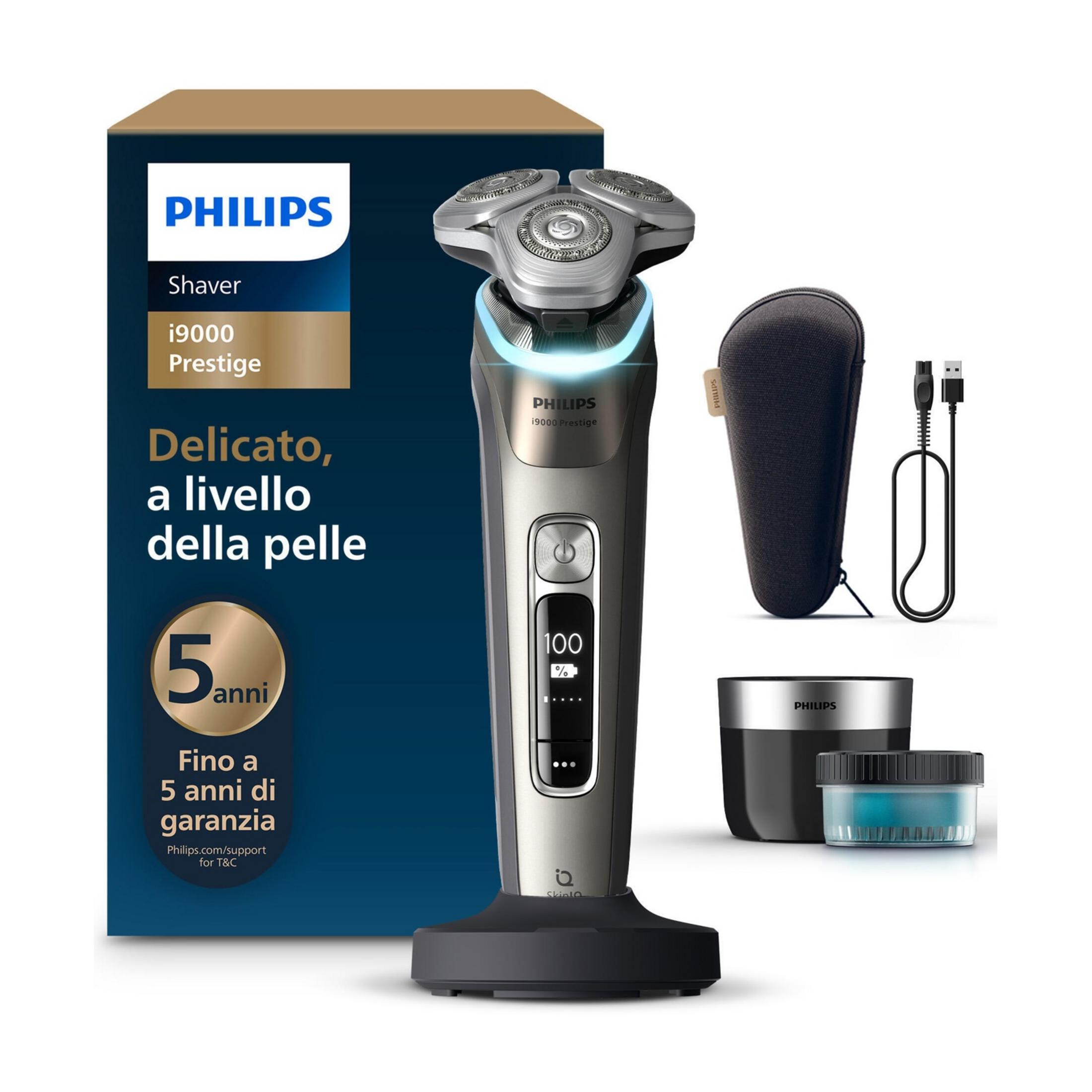 Philips i9000 Prestige Rasierer mit Zubehör: Ladestation, Reiseetui, Kabel und Bartpflege.