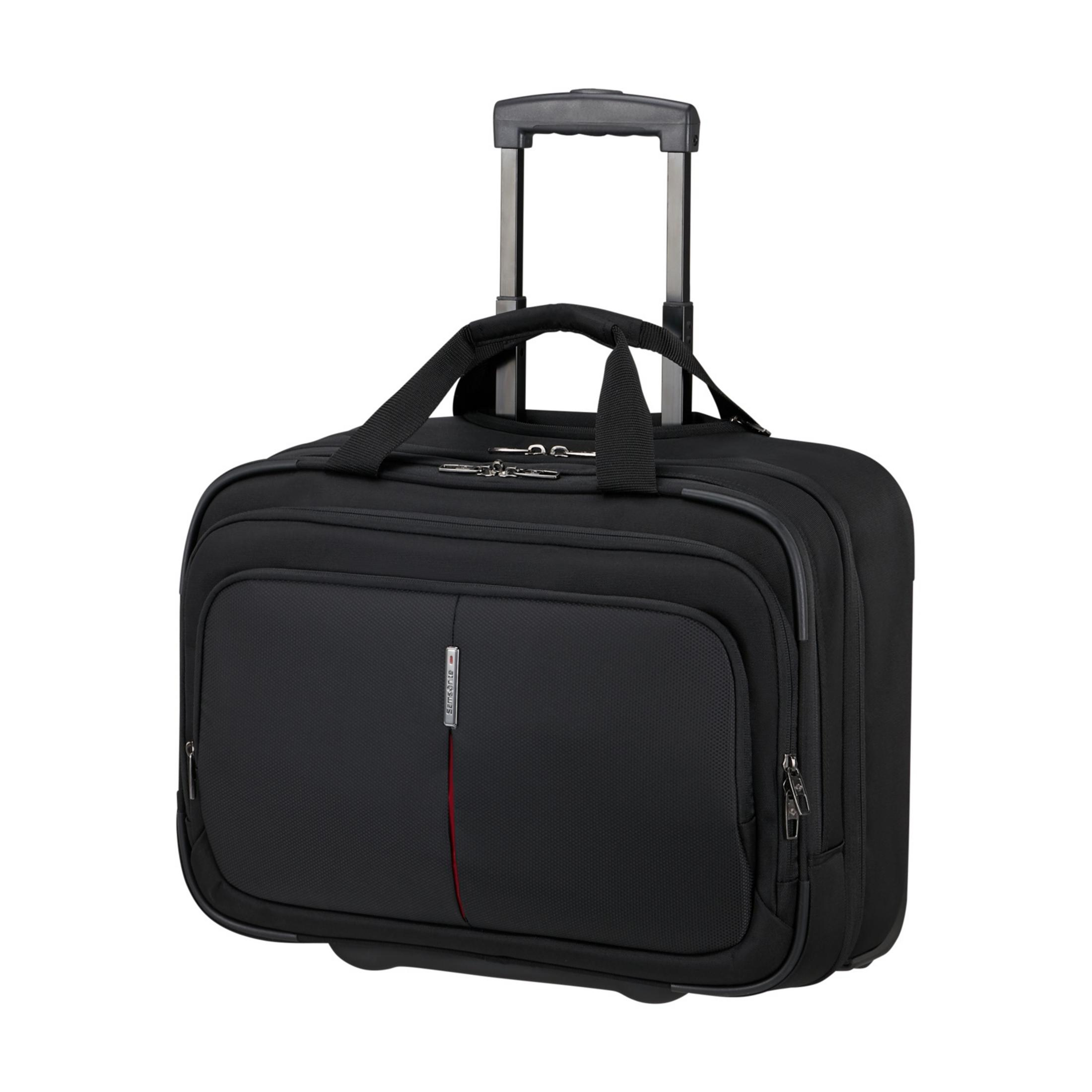 Valise noire à roulettes avec poignée rétractable et poignées.