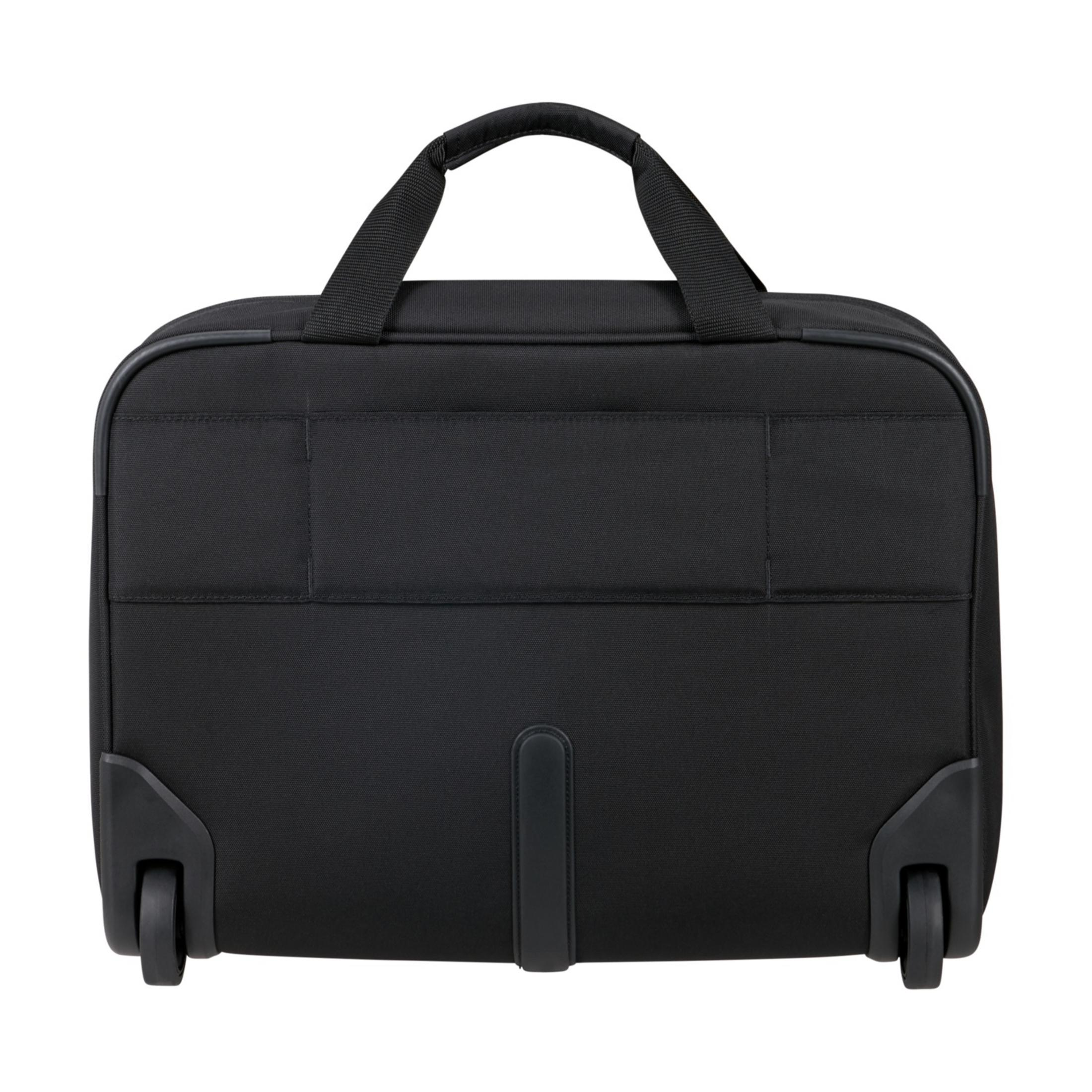 Valise noire à roulettes avec une poignée.