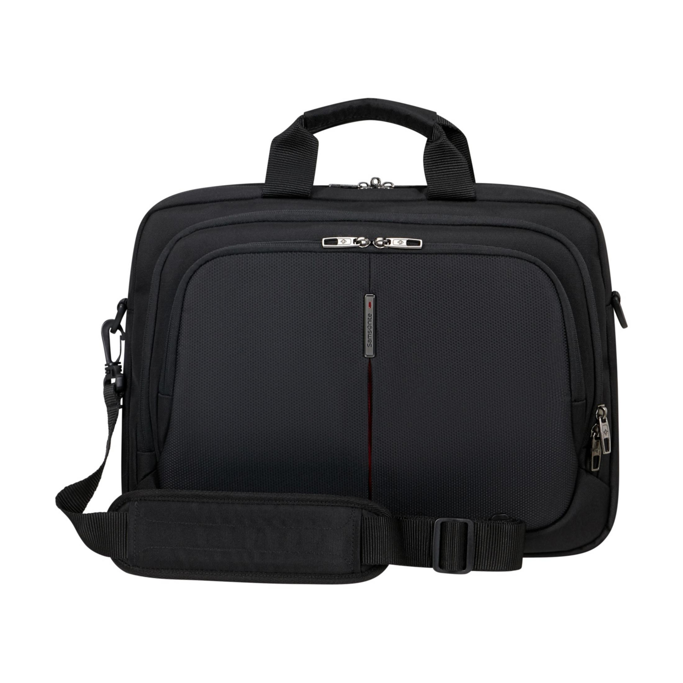 Schwarze Laptoptasche mit Tragegriffen und Schultergurt.
