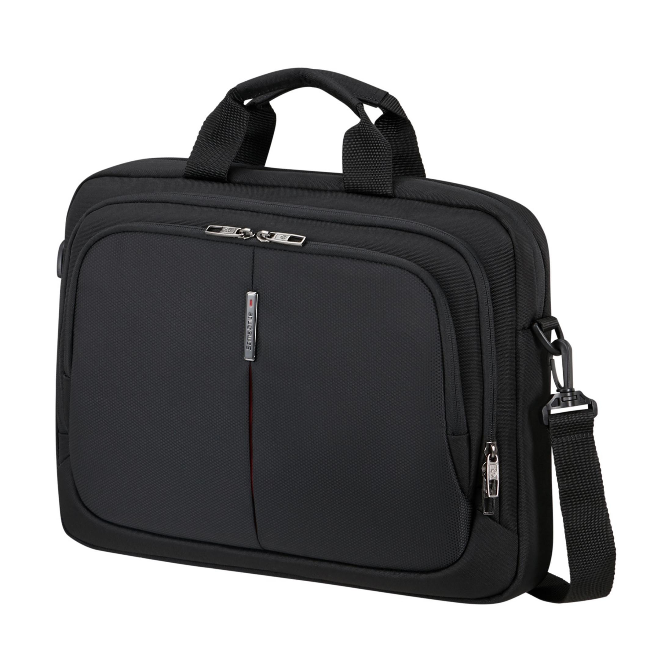 Schwarze Laptoptasche mit Griffen und Schultergurt, Reißverschlüsse.
