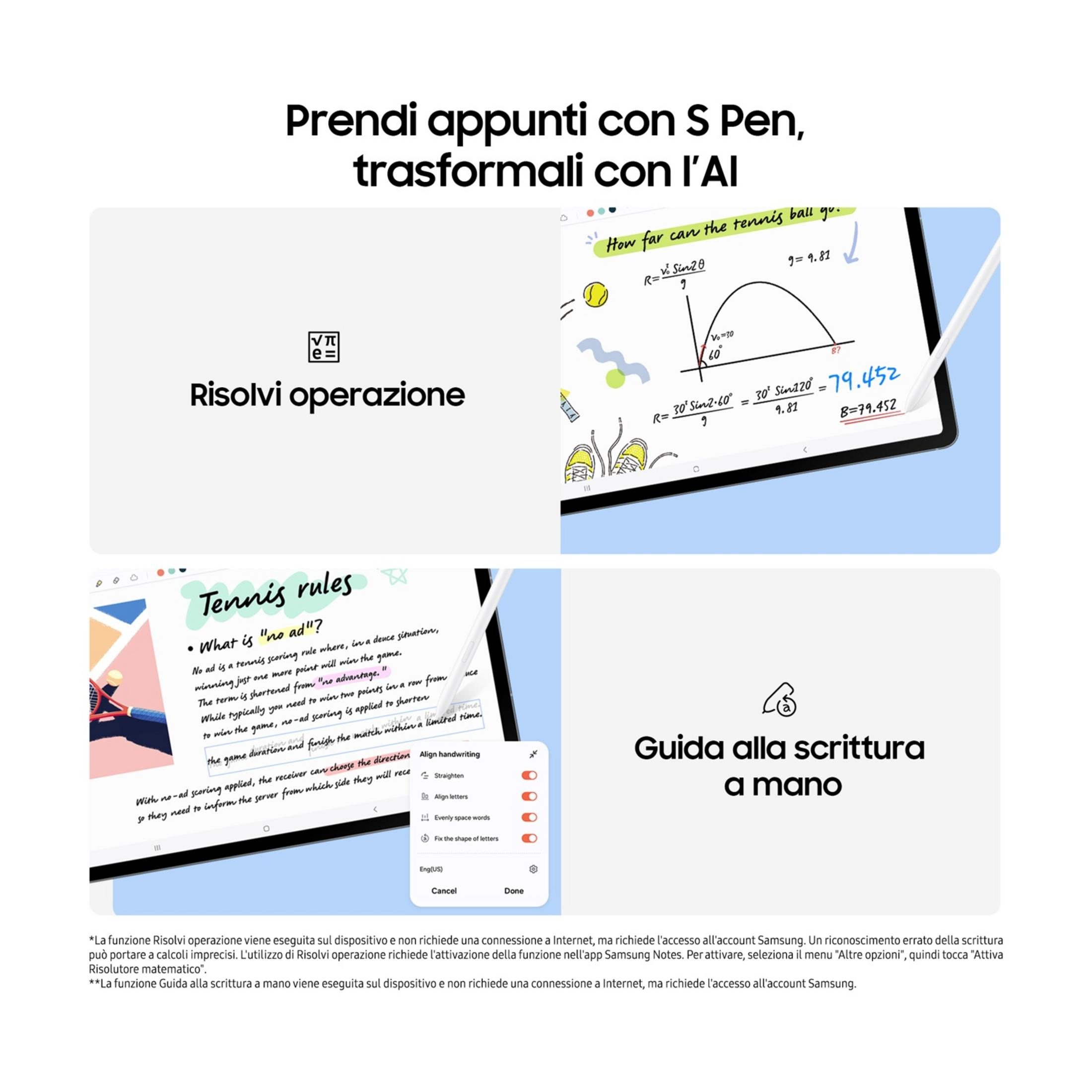 Un tablet mostra appunti con formule matematiche e regole del tennis, modificati con stilo.
