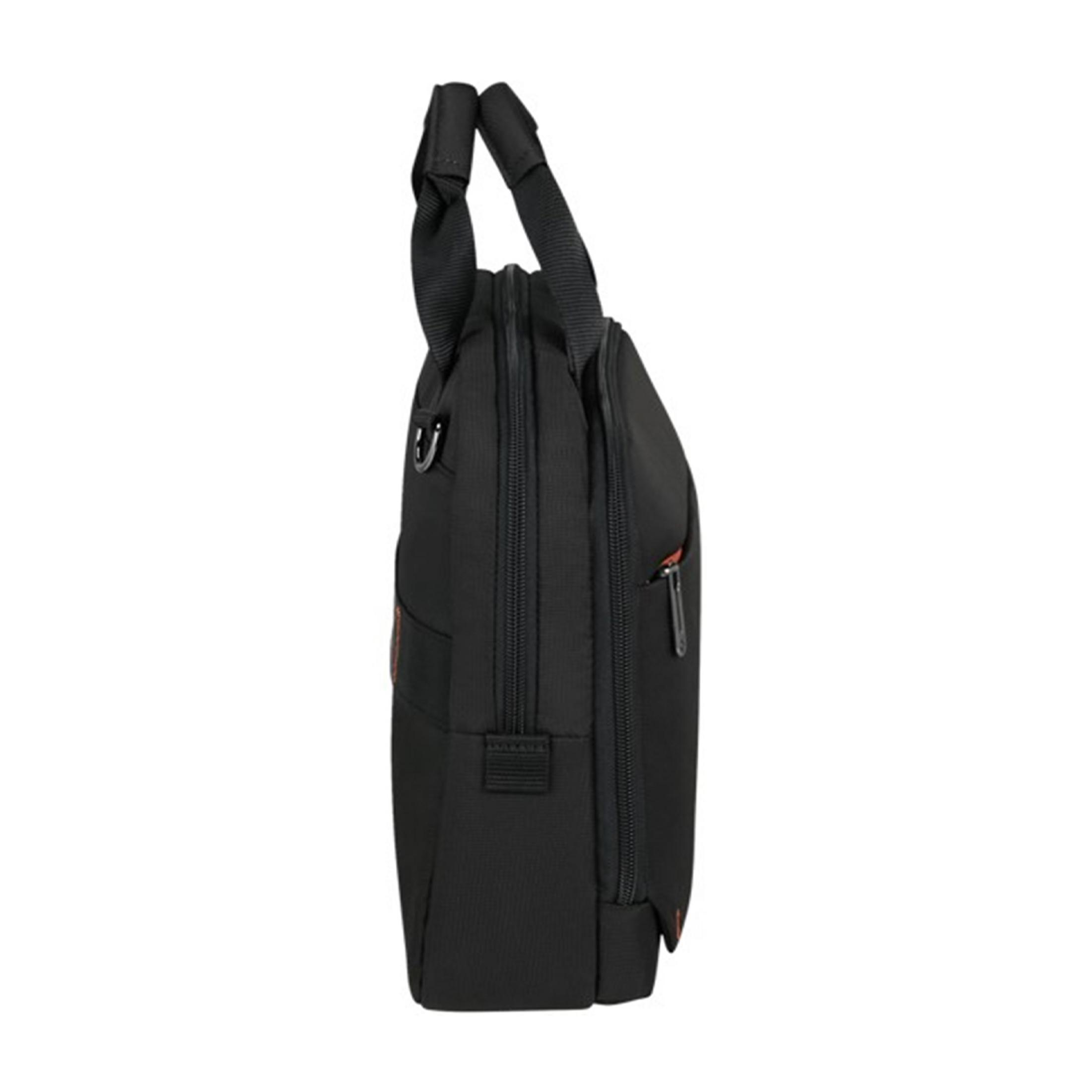Borsa nera per laptop con manici e cerniere, vista di profilo.