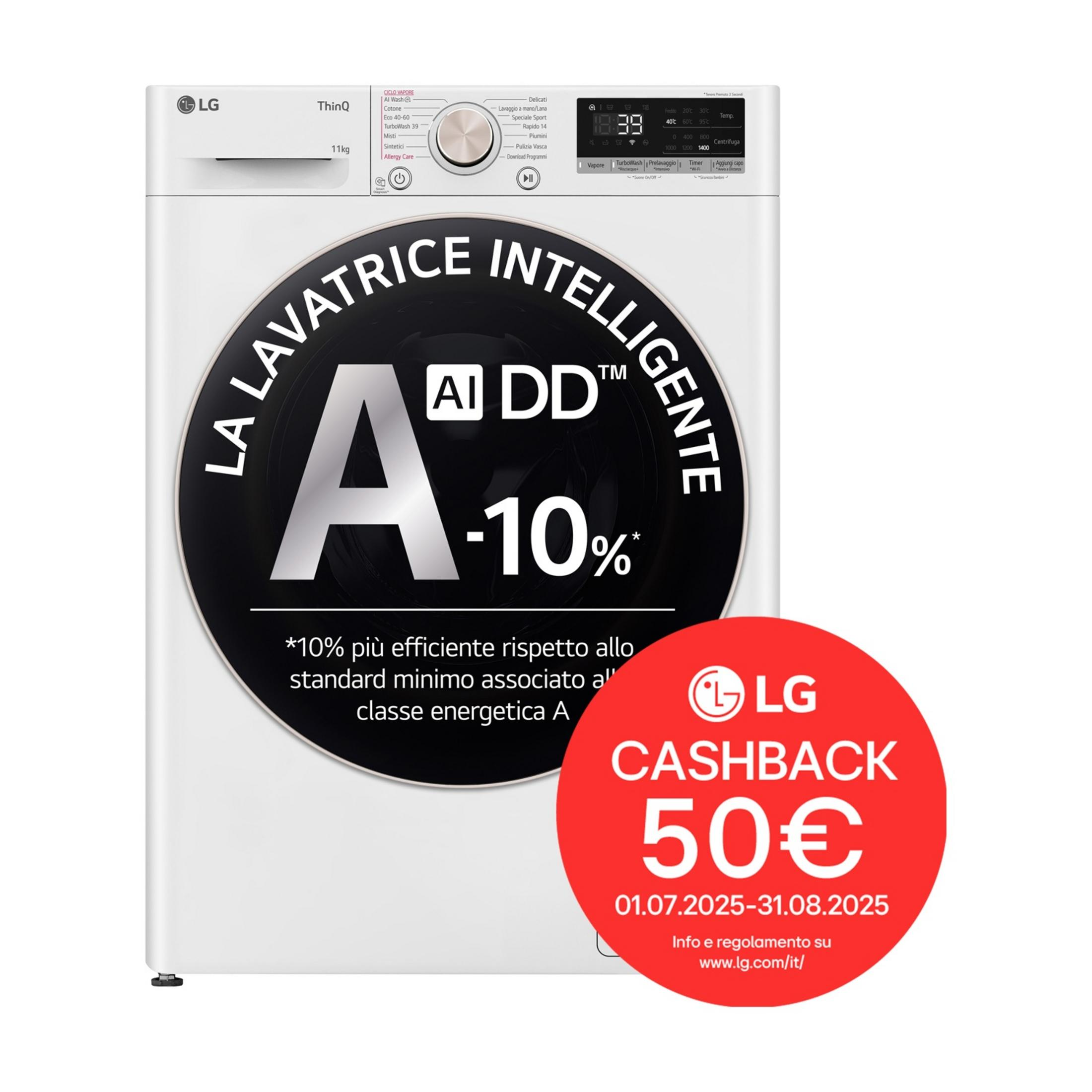 Biała pralka LG o klasie energetycznej A z ofertą cashback 50€.