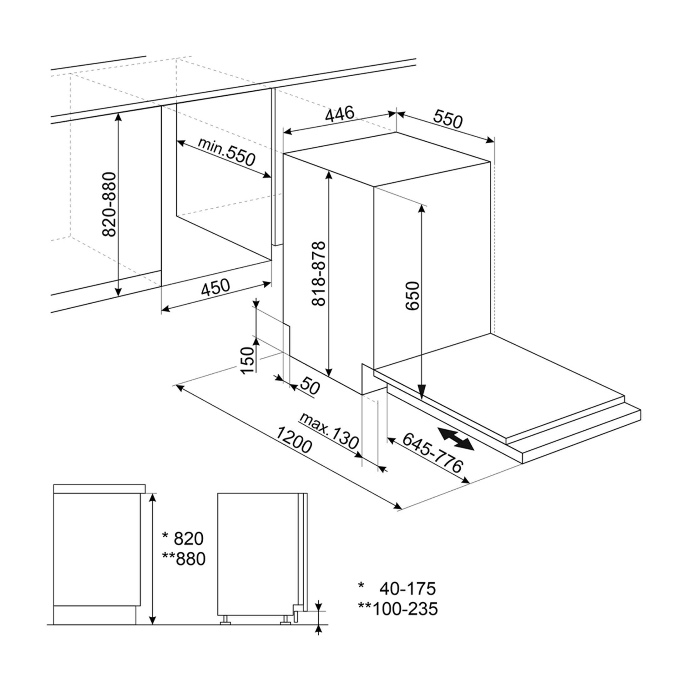 Dibujo técnico de un lavavajillas con dimensiones.