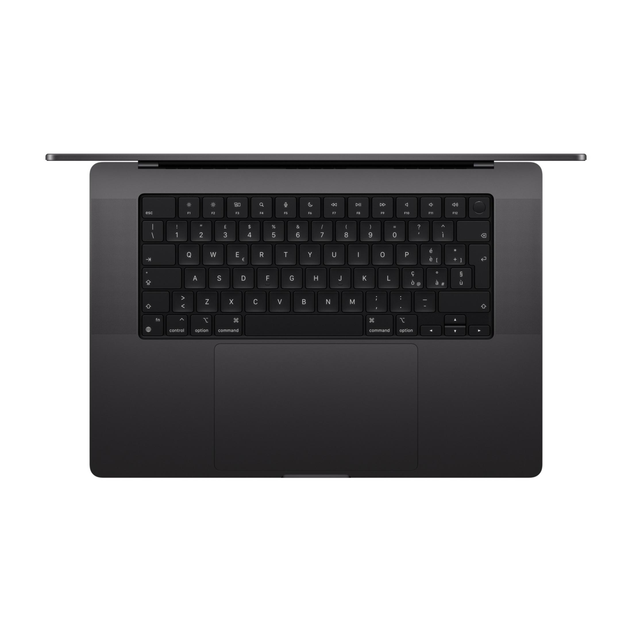 MacBook grigio scuro con coperchio aperto, tastiera e trackpad visibili.