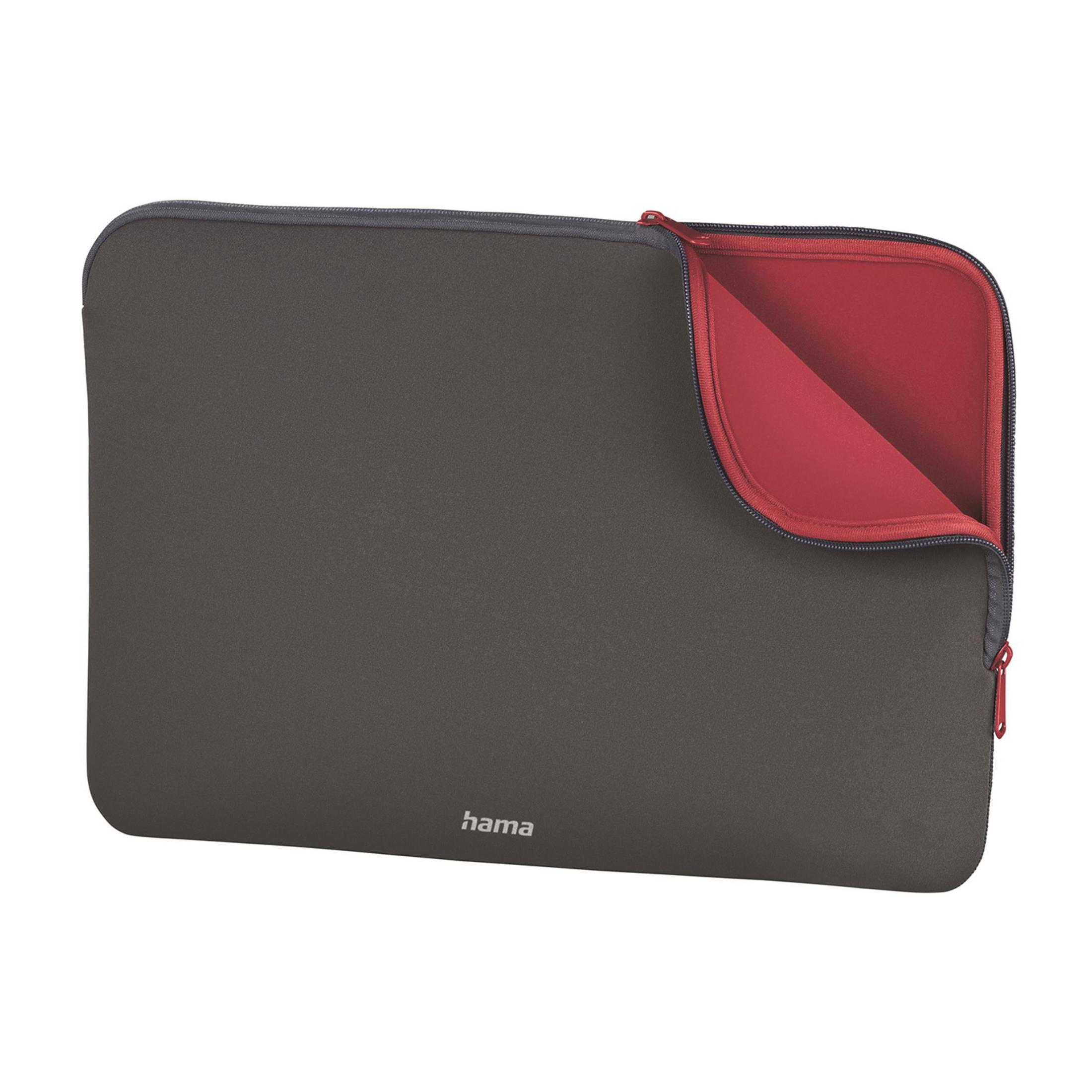 Custodia grigio scuro per laptop con fodera interna rossa e zip.