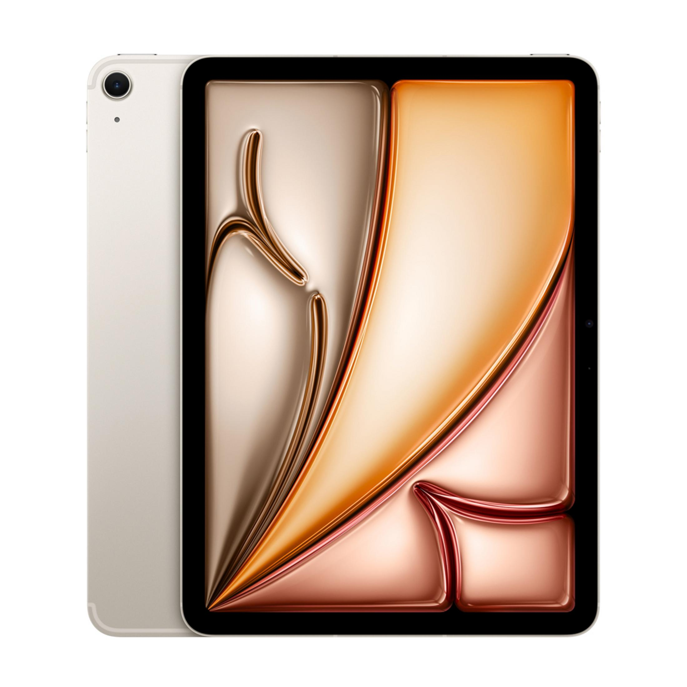 Ein silbernes Tablet mit einem abstrakten, glänzenden Bildschirm in Gold- und Rosatönen.