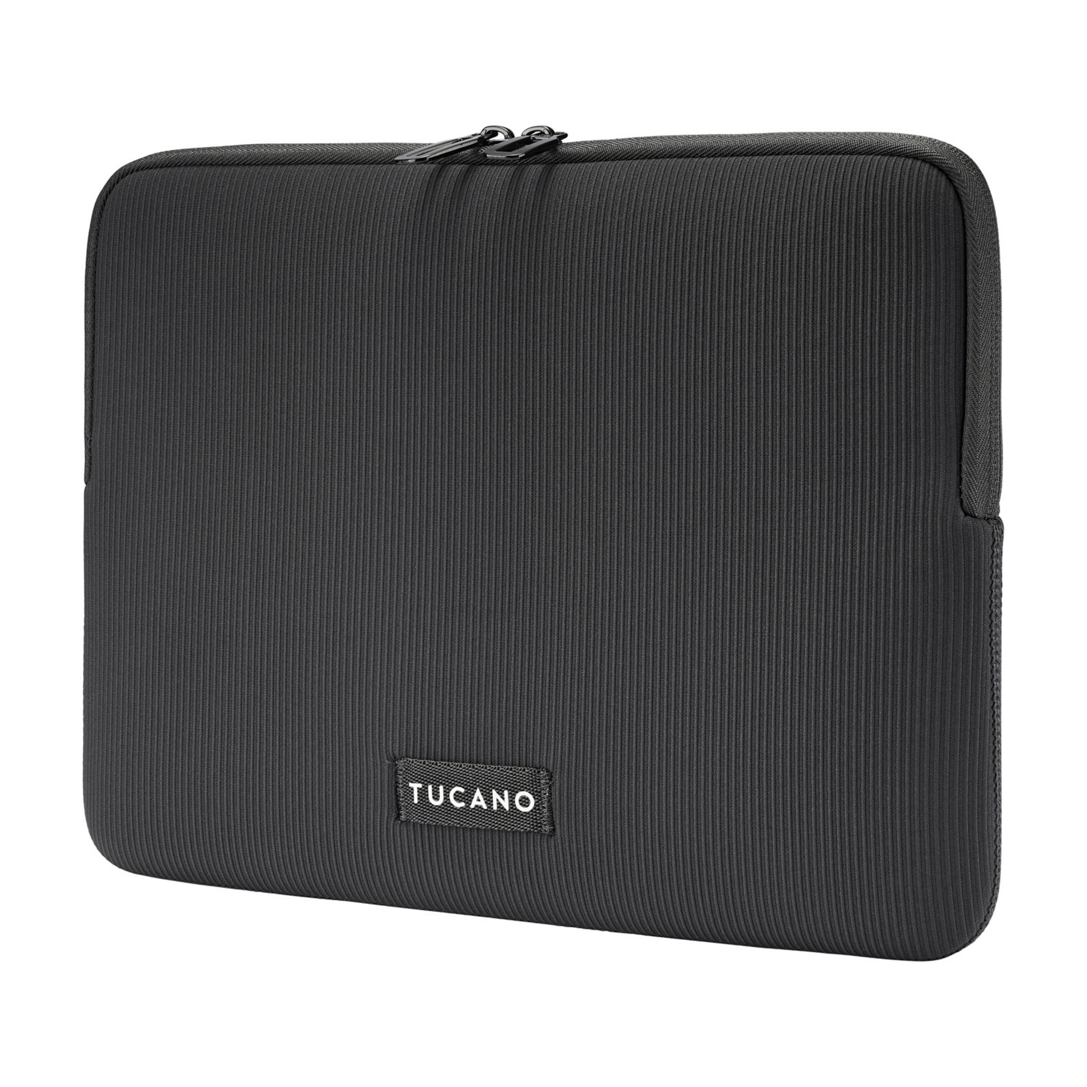 Black laptop sleeve with fine vertical ribs and a zipper.