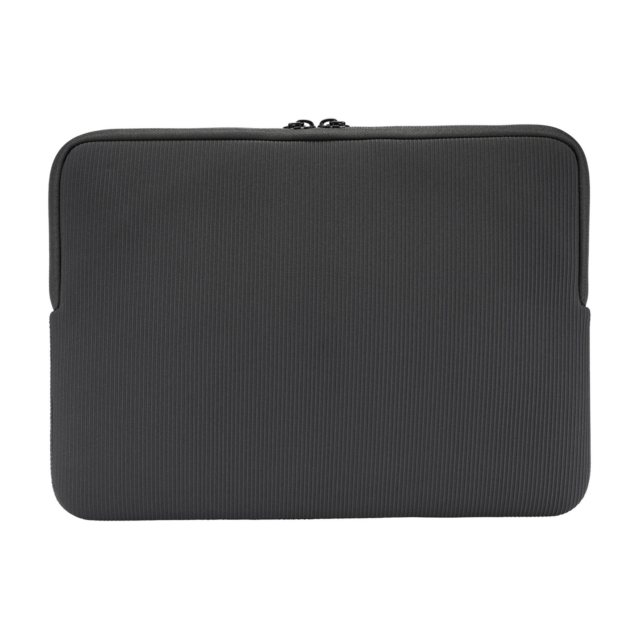 A dark gray laptop sleeve with vertical ribbing and a zipper.