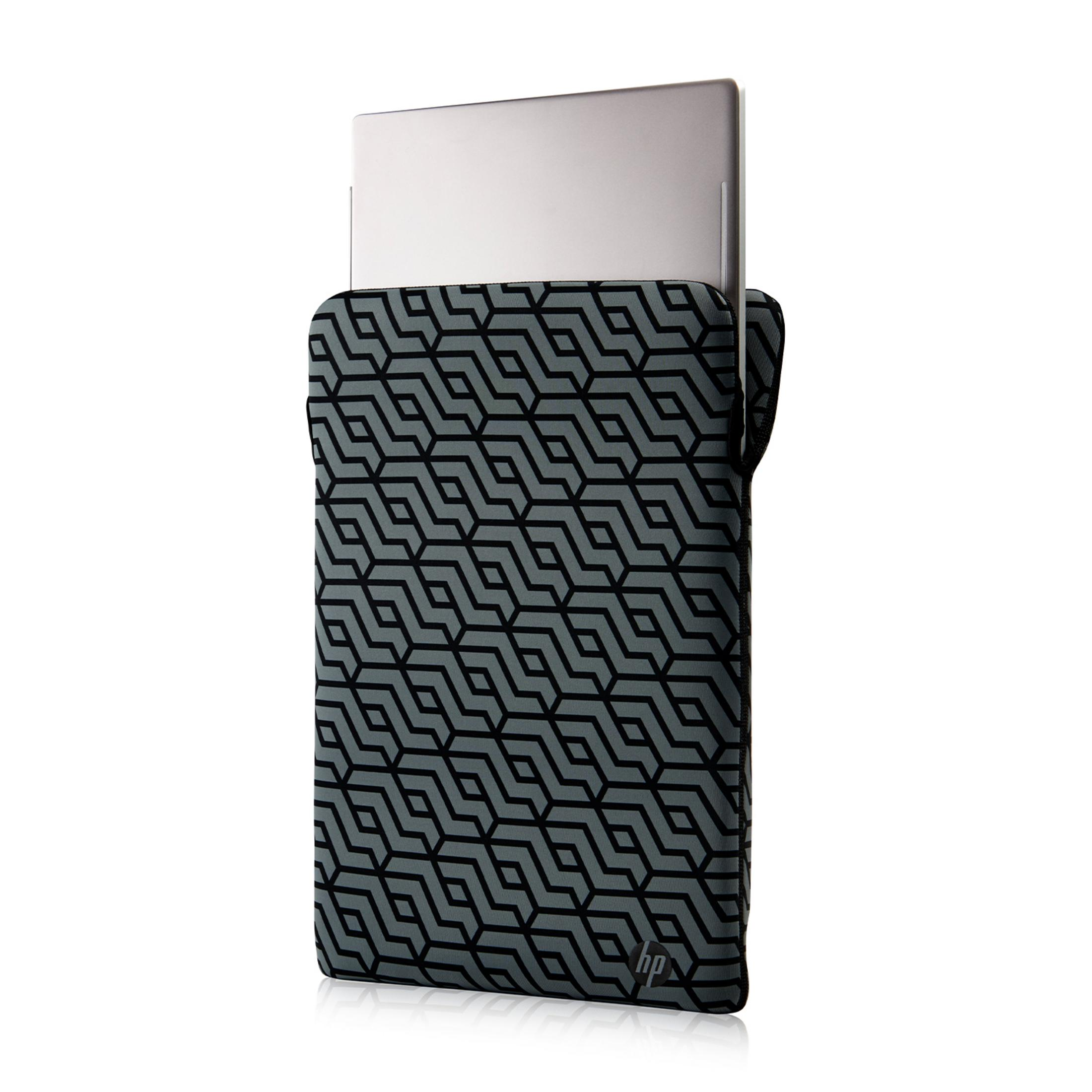 Graue Laptoptasche mit schwarzem geometrischem Muster und HP-Logo.