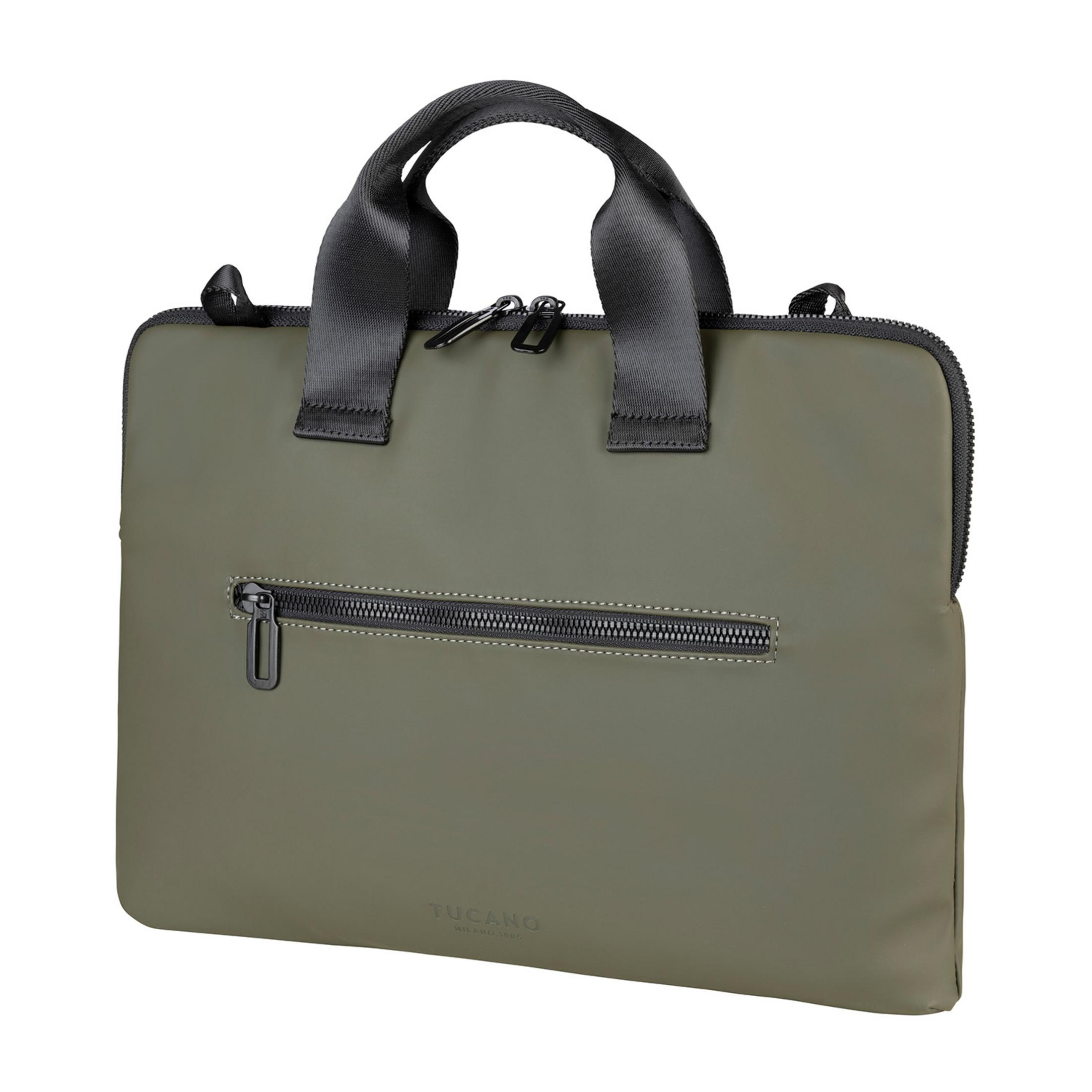 Una bolsa para portátil verde oliva con asas y cremalleras negras.