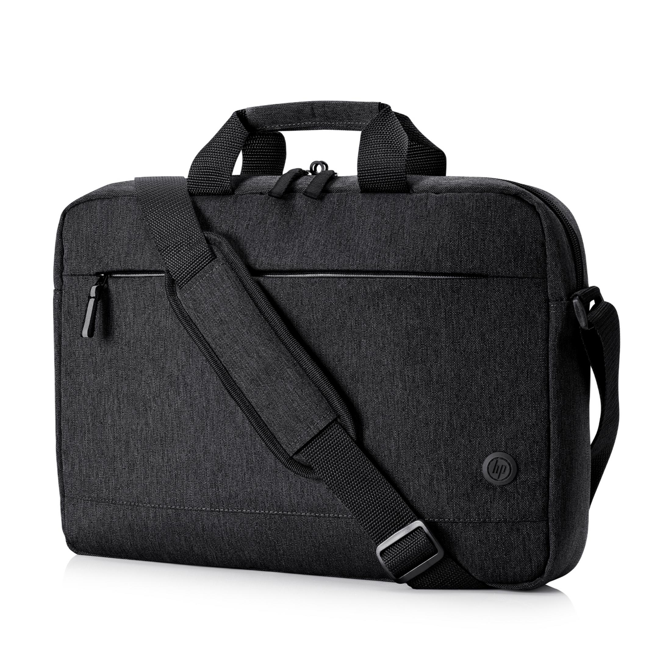 Schwarze Laptoptasche mit Tragegriffen und Schultergurt. HP-Logo auf der Vorderseite.