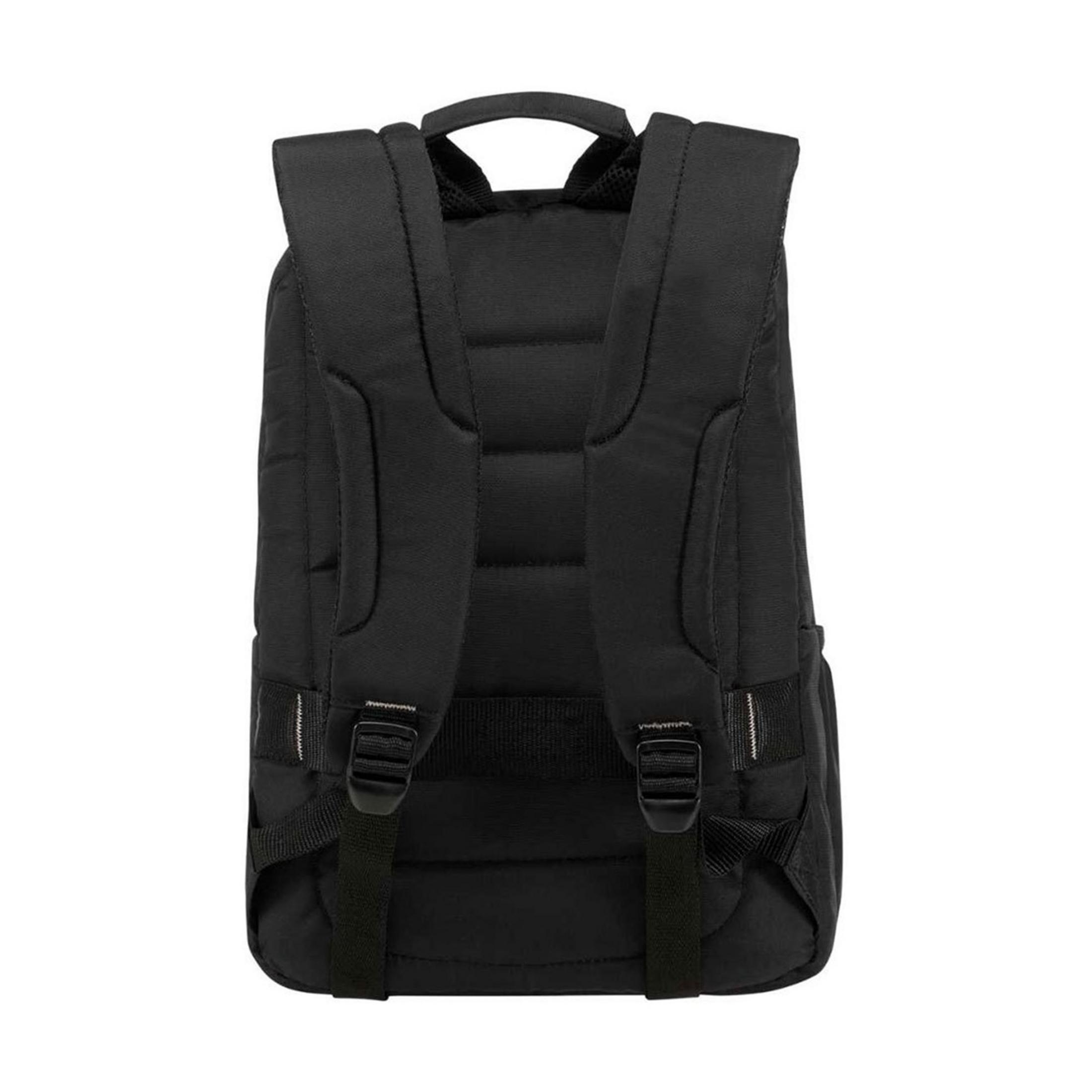 Schwarzer Rucksack mit gepolsterten Trägern und Griff.
