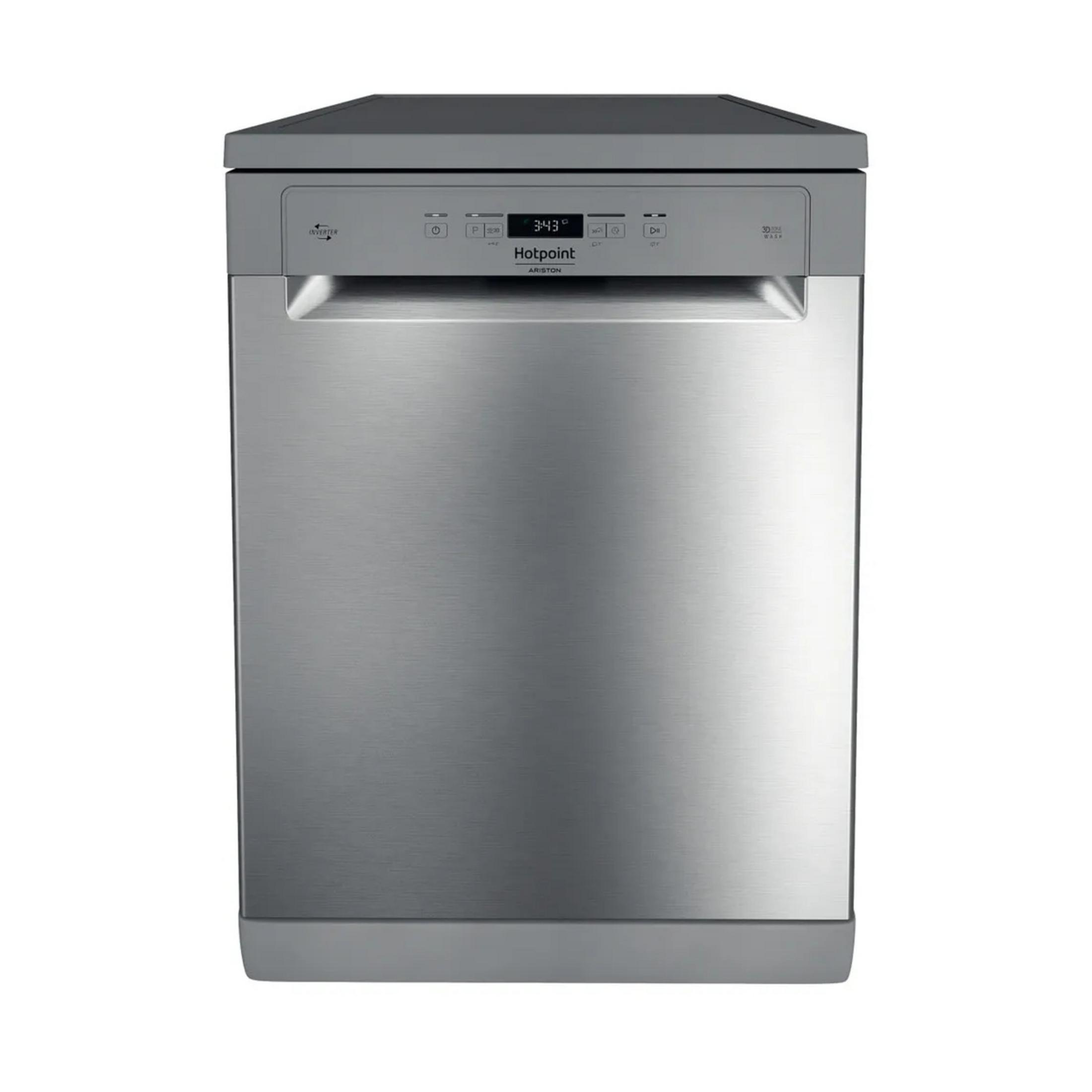 Un lavavajillas Hotpoint plateado con pantalla digital y botones de control.