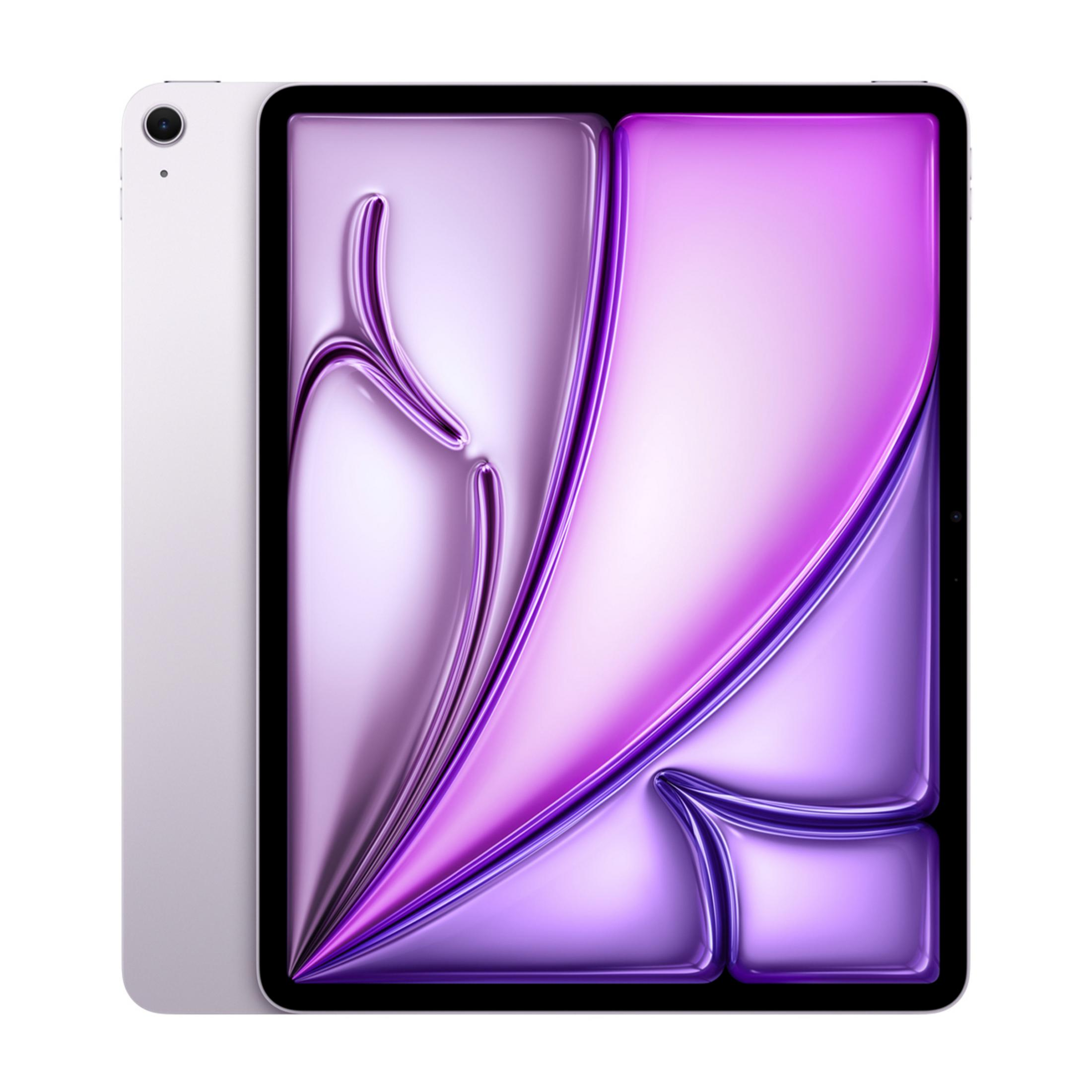 Una tableta plateada con un gráfico abstracto morado en la pantalla.