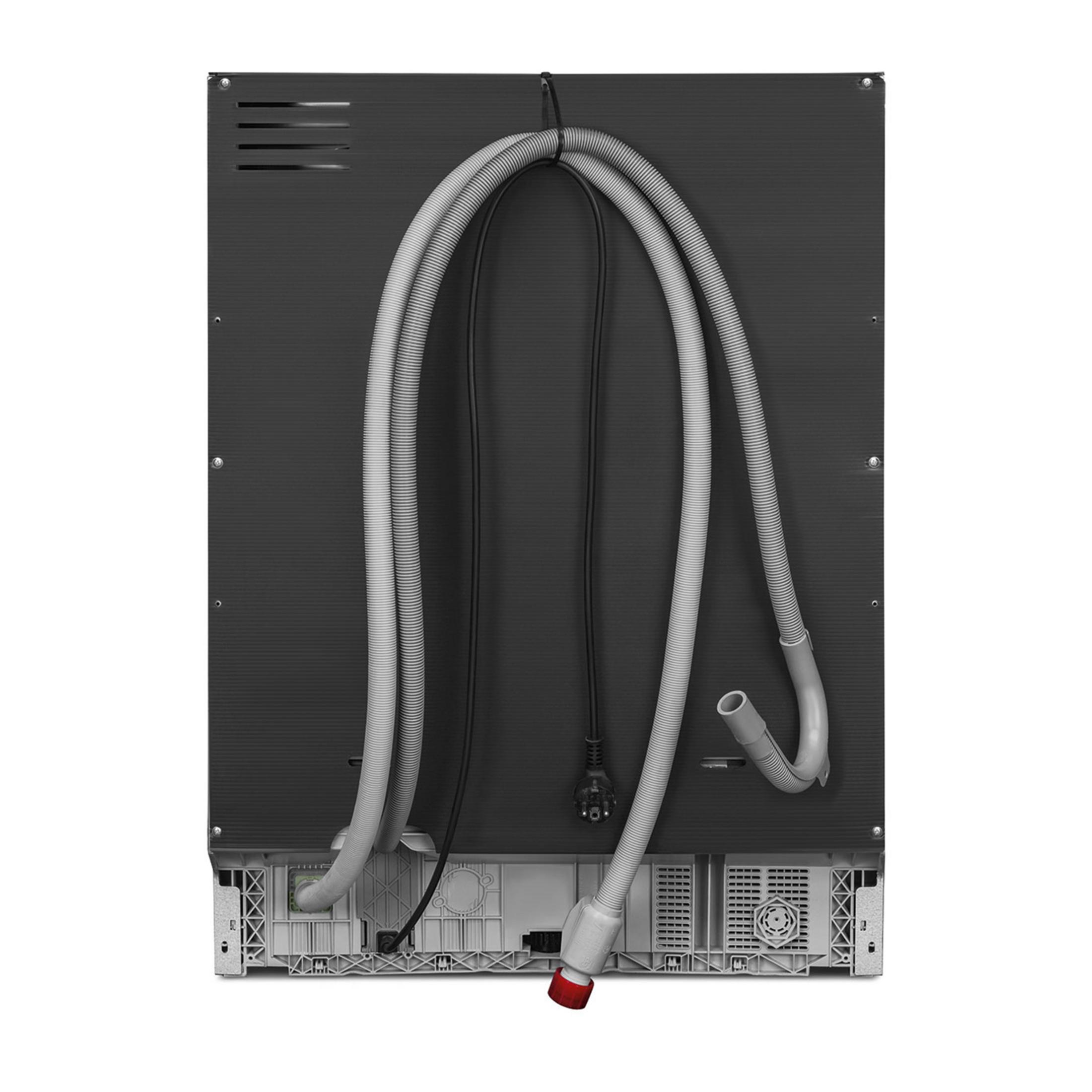 Parte trasera de un aparato con mangueras y cables, fondo blanco.
