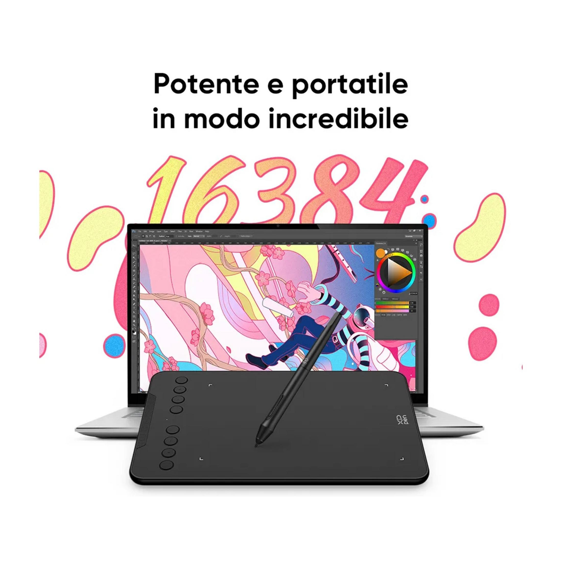Tablet graficzny z piórkiem przed laptopem wyświetlającym cyfrową scenę artystyczną.